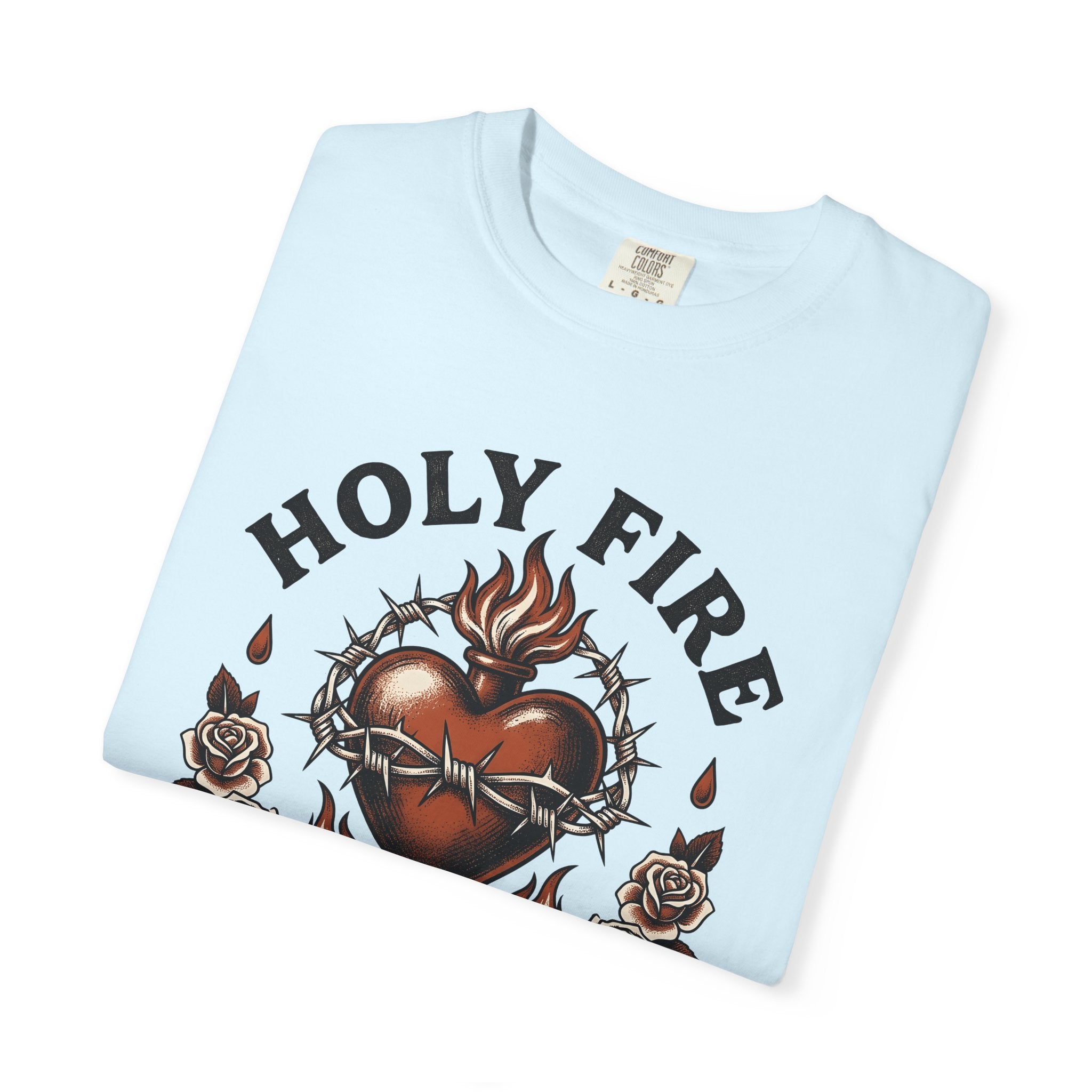 Flaming Divine Heart Shirt Tattoo Witchcraft Gift Women Sketch Tee Sacred Heart T-Shirt Ink Fan Illustrated Tshirt Magical Graphic Hand
