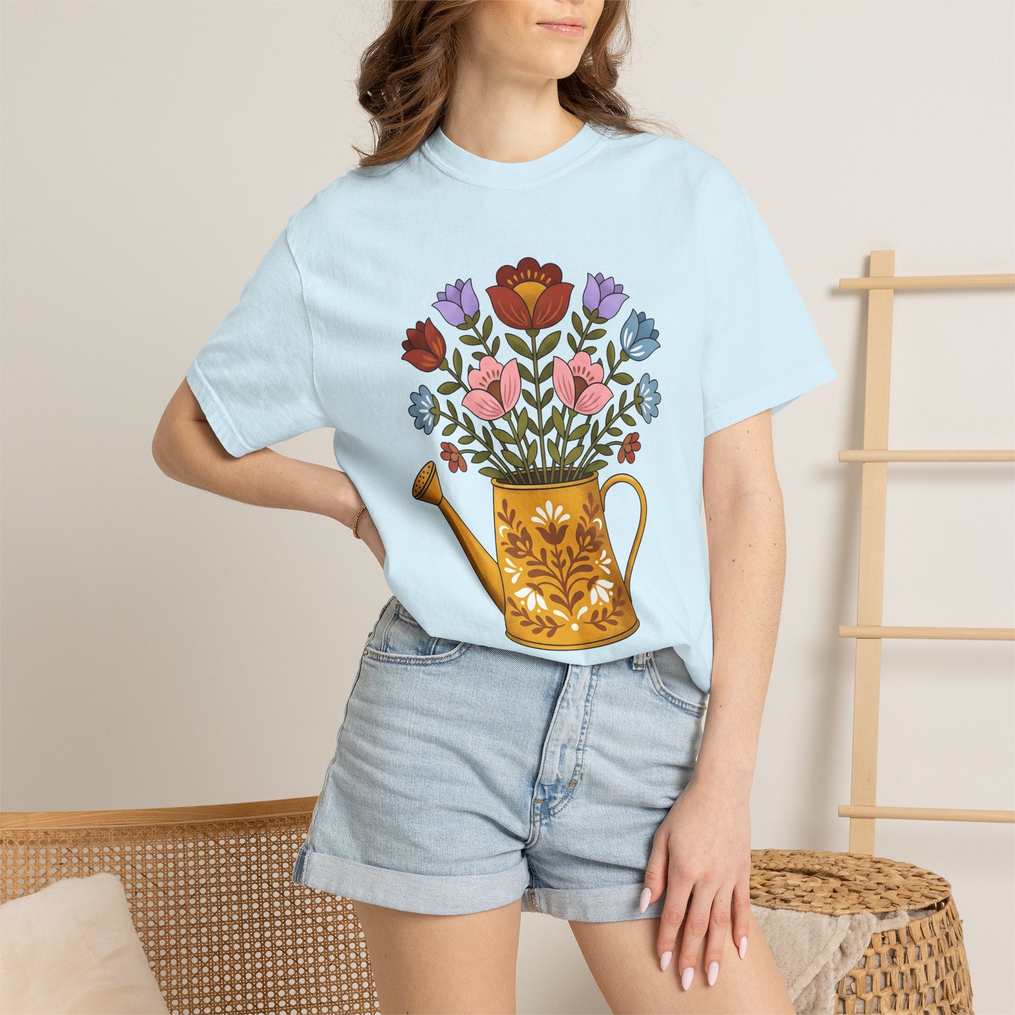Floral Bouquet Shirt Easter Garden Gift Women Folk Art Tee Flower Arrangement T-Shirt Spring Fan Floral Graphic Vintage Retro Watering Can
