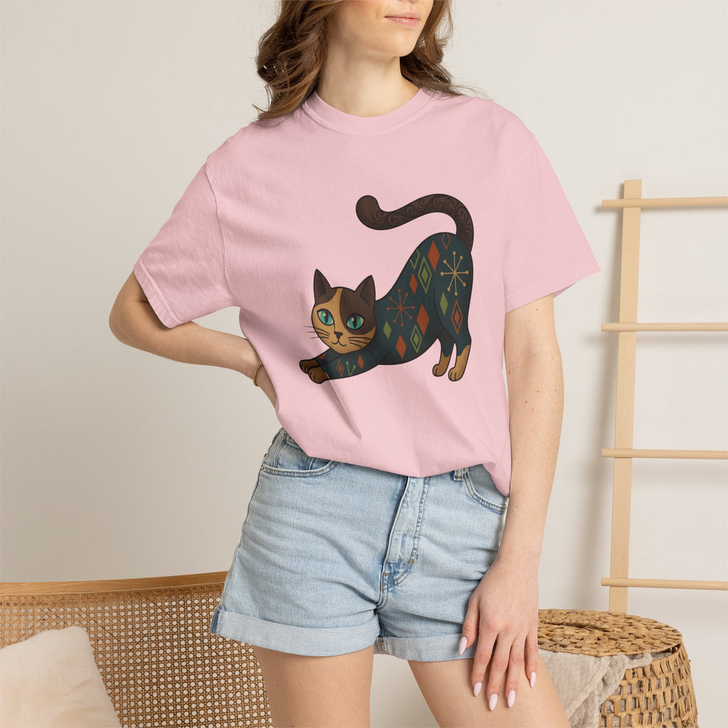 Stretching Cat Shirt Cat Animal Gift Women Mid Century Tee Kitten T-Shirt Cat Fan Fifties Tshirt Wildlife Graphic Retro Geometric Pattern