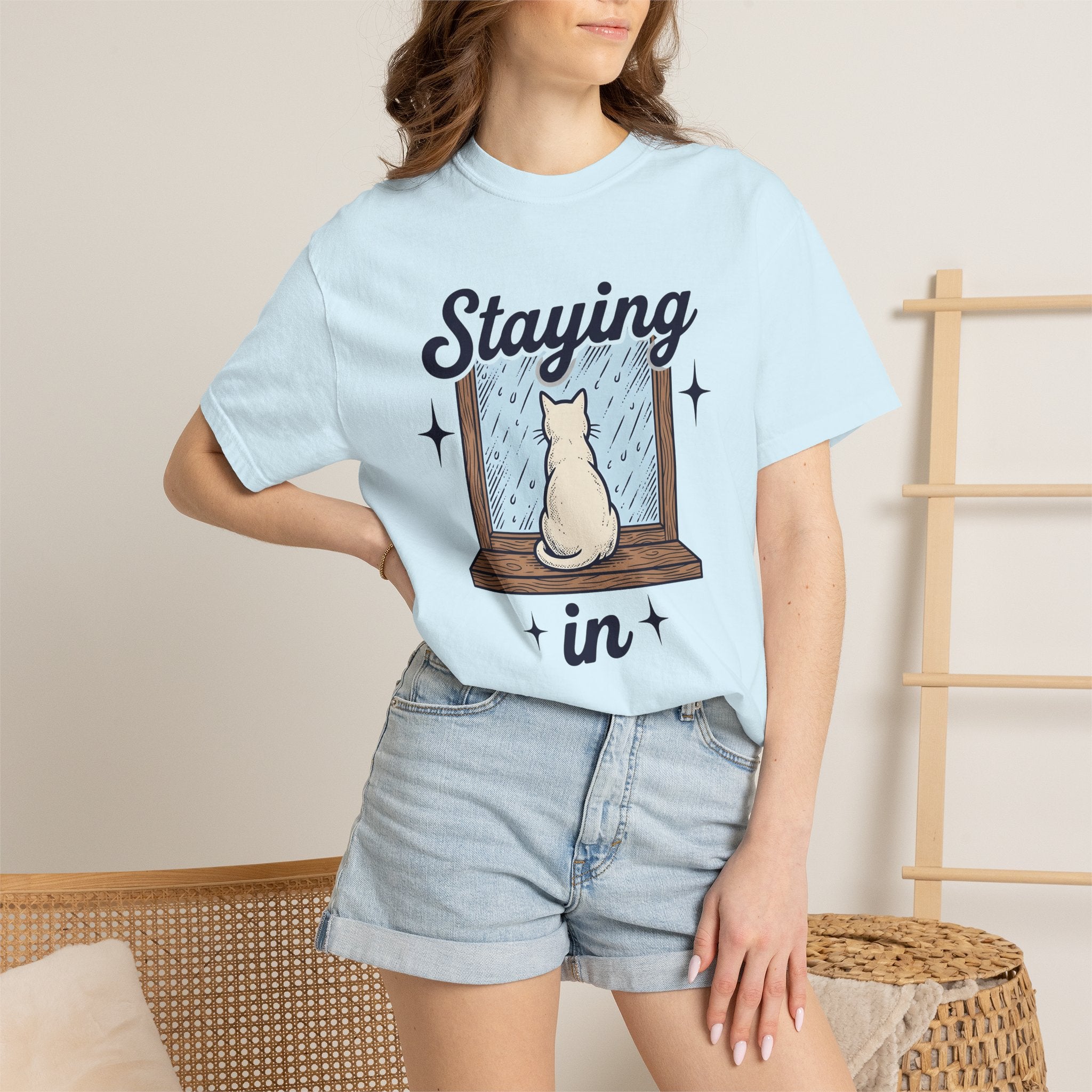 Cat Window Shirt Cat Decor Gift Women Sketch Tee Window Perch T-Shirt Cat Fan Drawing Tshirt Retro Raindrops Tshirt