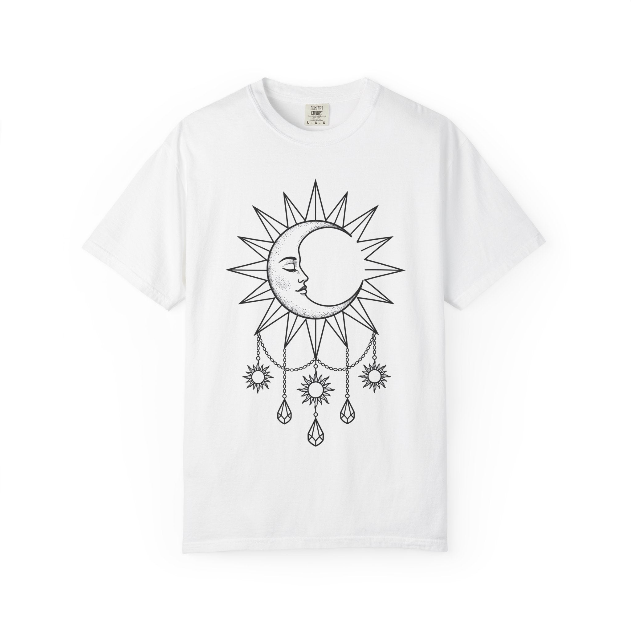 Sun Moon Shirt Boho Chic Celestial Gift Women Line Art Tee Solar T-Shirt Bohemian Fan Simple Tshirt Galaxy Graphic Minimalist Crystals
