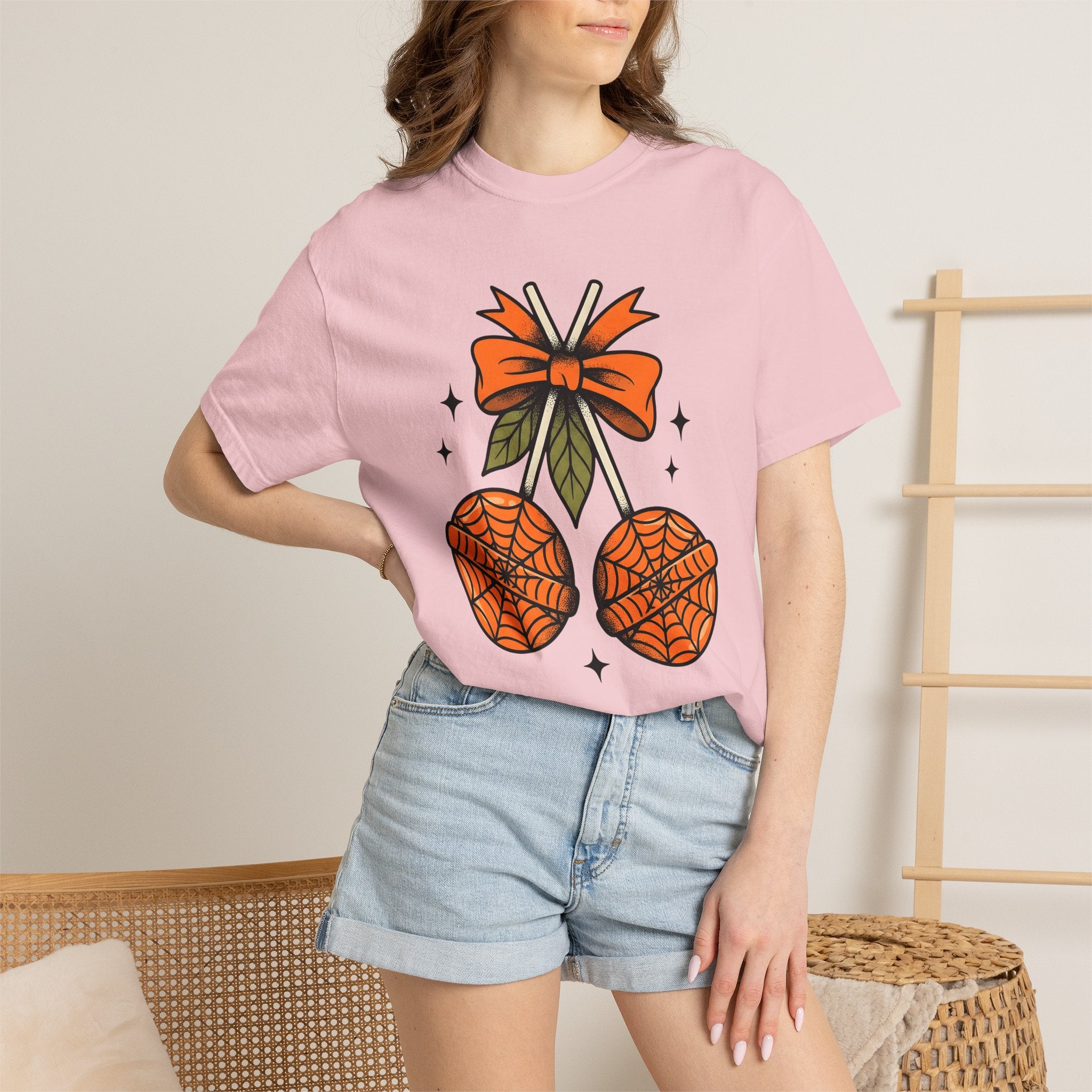 Spiderweb Candy Shirt Halloween Sweets Gift Women Traditional Tee Candy T-Shirt Halloween Fan Vintage Tshirt Dessert Graphic Retro Orange