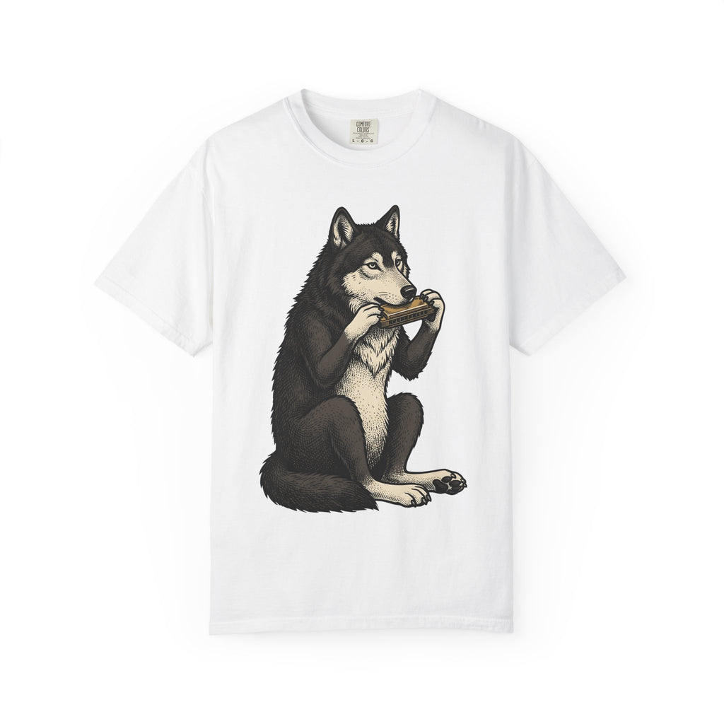 Wolf Harmonica Shirt Animals Instruments Gift Women Sketch Tee Howling T-Shirt Wildlife Fan Drawing Design Retro Harmonica Tshirt