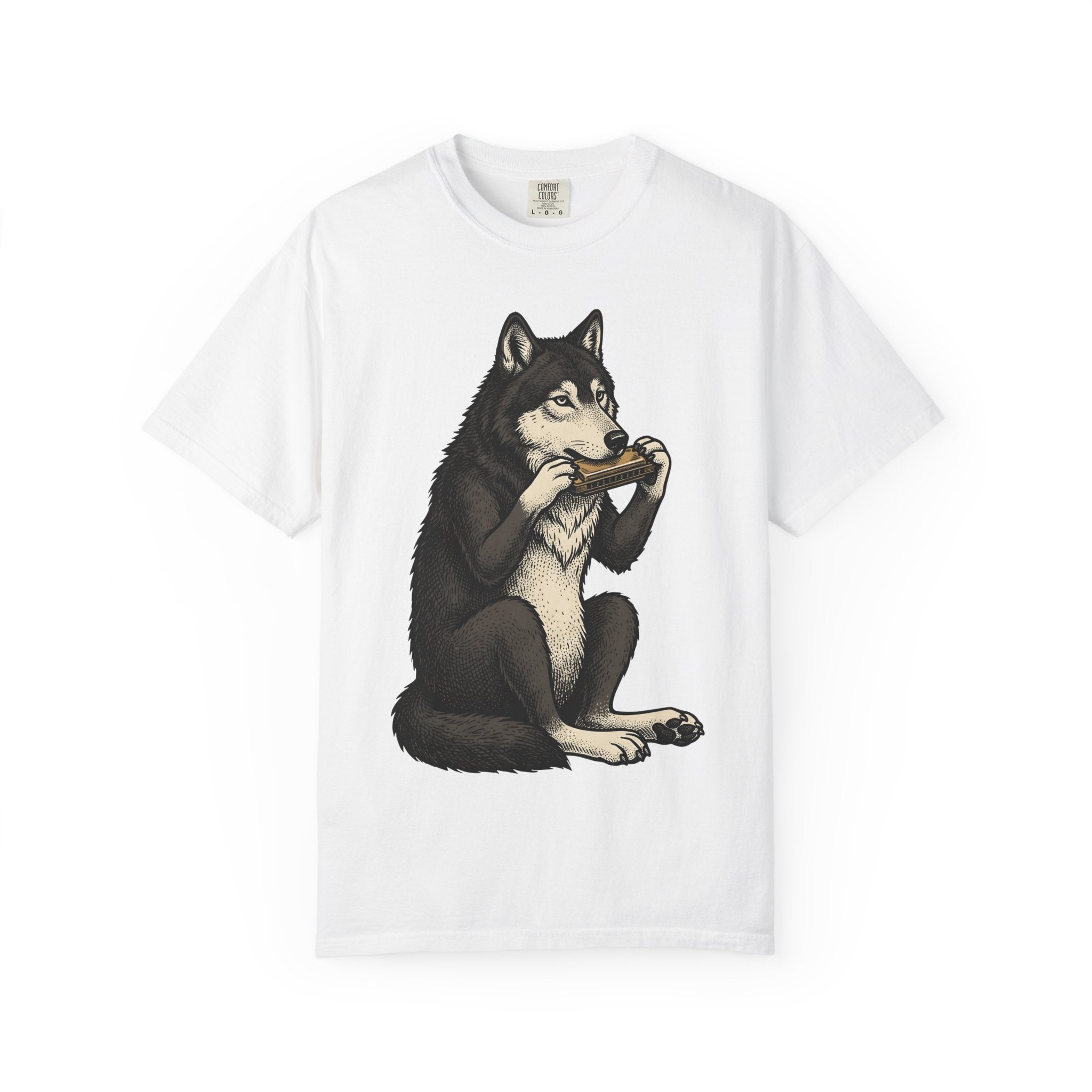 Wolf Harmonica Shirt Animals Instruments Gift Women Sketch Tee Howling T-Shirt Wildlife Fan Drawing Design Retro Harmonica Tshirt