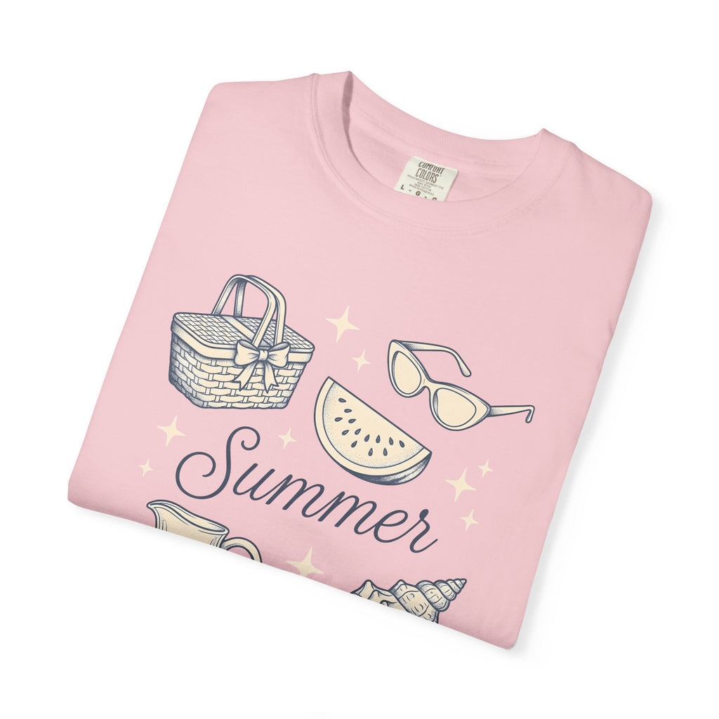 Summer Signs Shirt Summer Getaway Gift Women Hand Drawn Tee Seasonal T-Shirt Summer Fan Illustrated Tshirt Vacation Graphic Cartoon Picnic