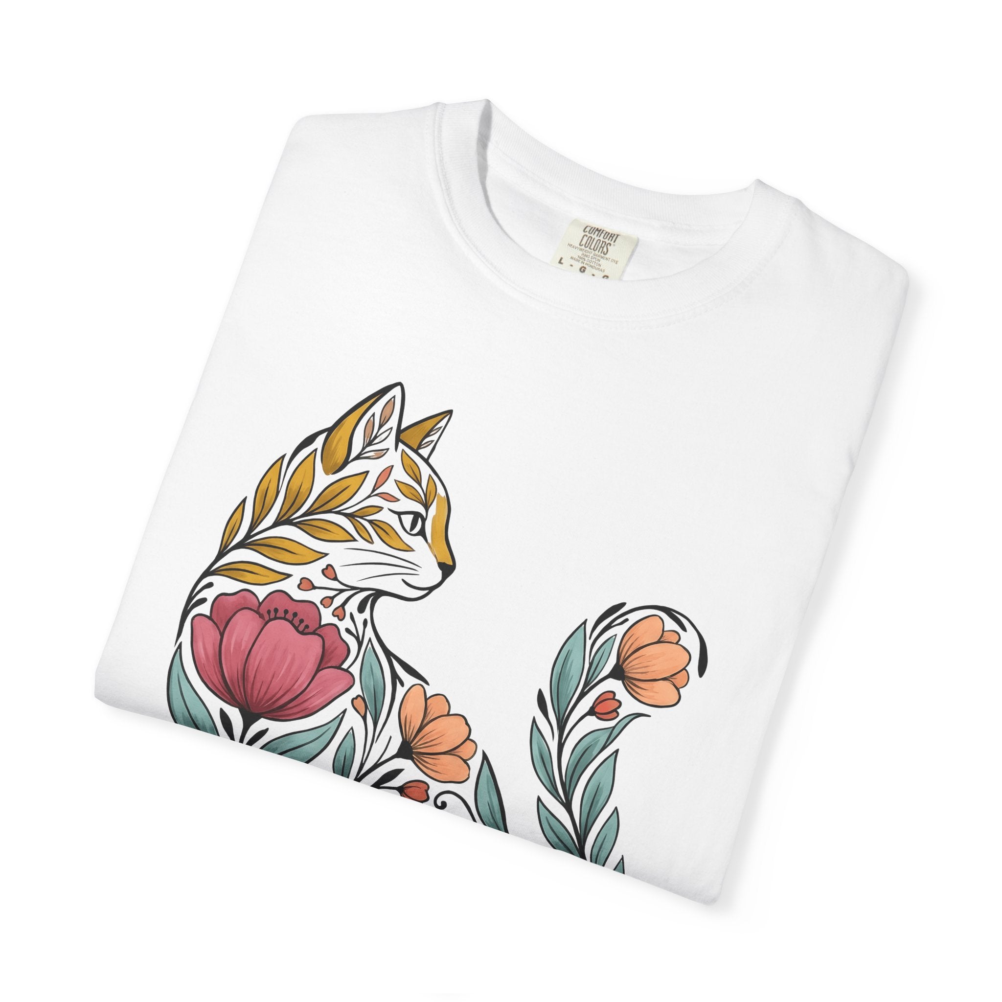Garden Cat Shirt Valentines Day Fauna Gift Women Vintage Tee Kitty T-Shirt Valentine Fan Retro Tshirt Wildlife Graphic Outline Flower Petals