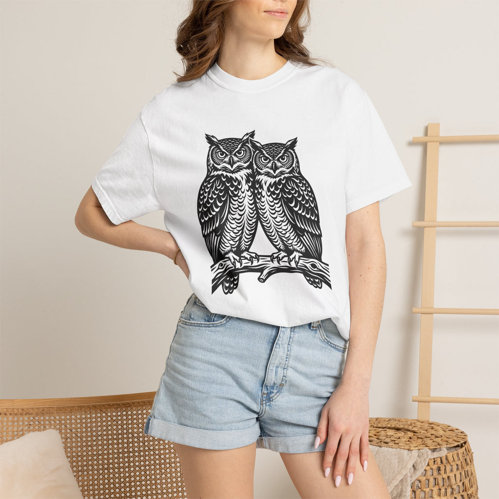 Owl Couple Shirt Animals Forest Gift Women Linocut Tee Owls T-Shirt Wildlife Fan Owl Art Tshirt Woodland Graphic Retro Limb Tshirt