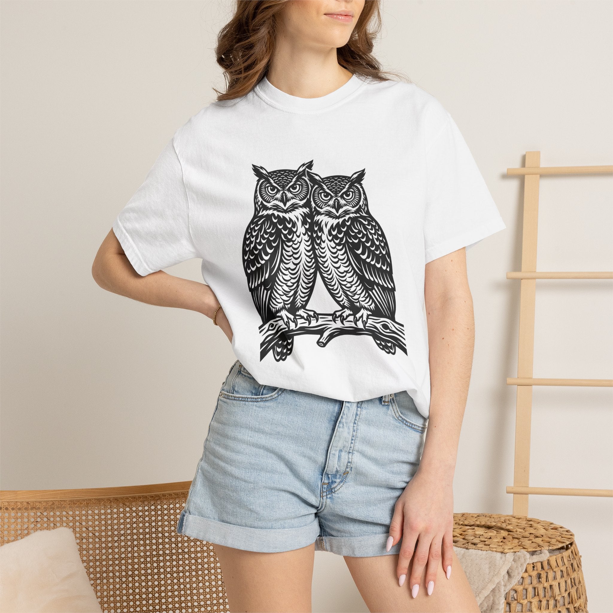 Owl Couple Shirt Animals Forest Gift Women Linocut Tee Owls T-Shirt Wildlife Fan Owl Art Tshirt Woodland Graphic Retro Limb Tshirt