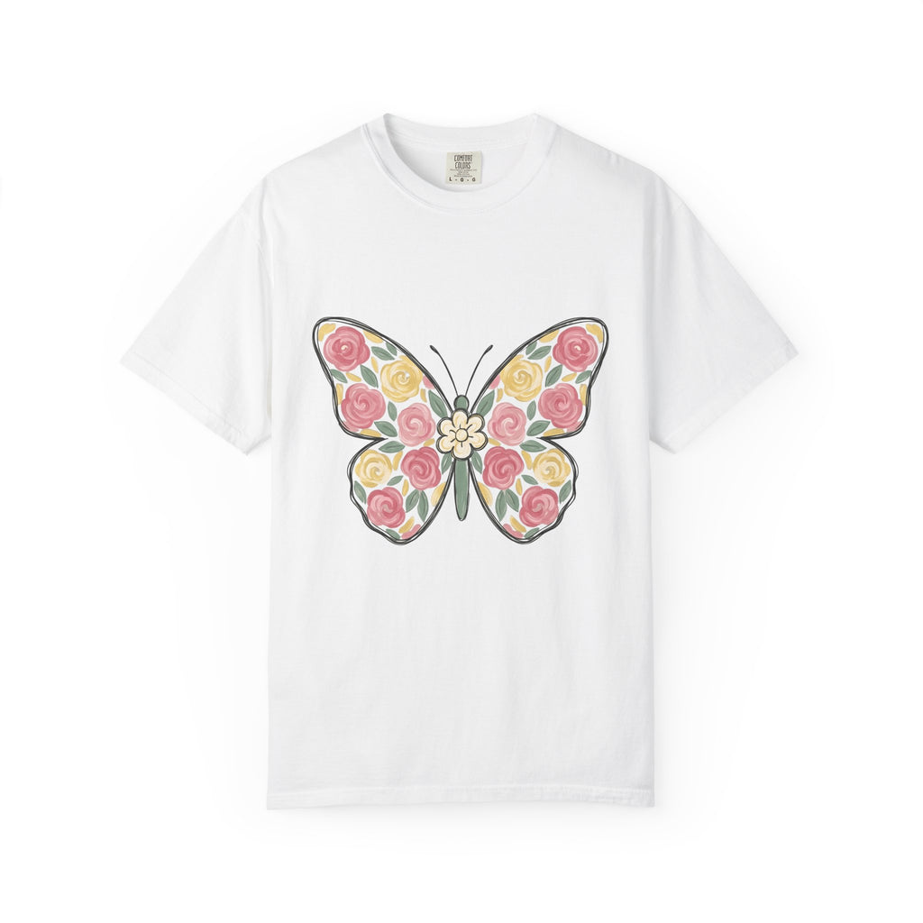 Flower Butterfly Shirt Easter Outdoors Gift Women Rustic Tee Butterfly T-Shirt Spring Fan Vintage Tshirt Camping Graphic Doodle Red Rose