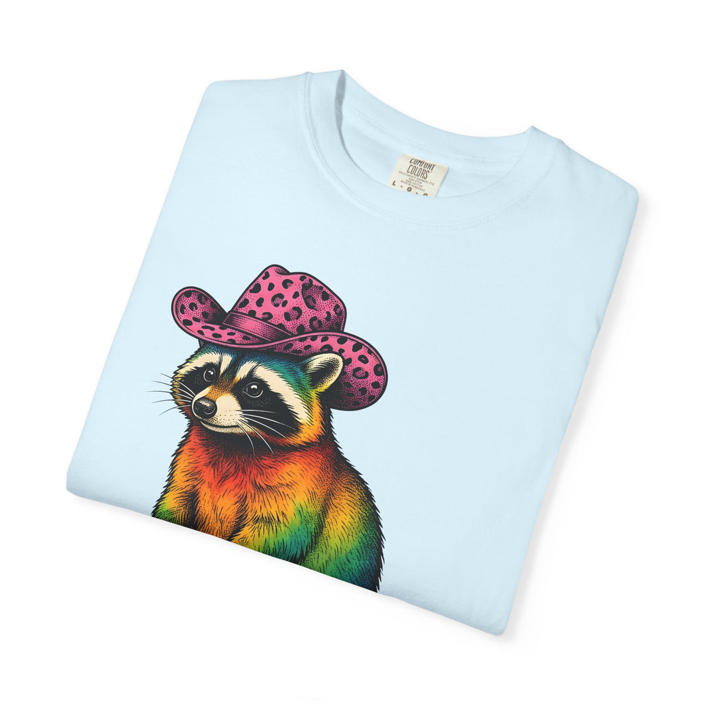 Colorful Raccoon Shirt Cowgirl Wildlife Gift Women Vibrant Graphic Tee Raccoon T-Shirt Cowgirl Fan Animal Graphic Wildlife Illustration