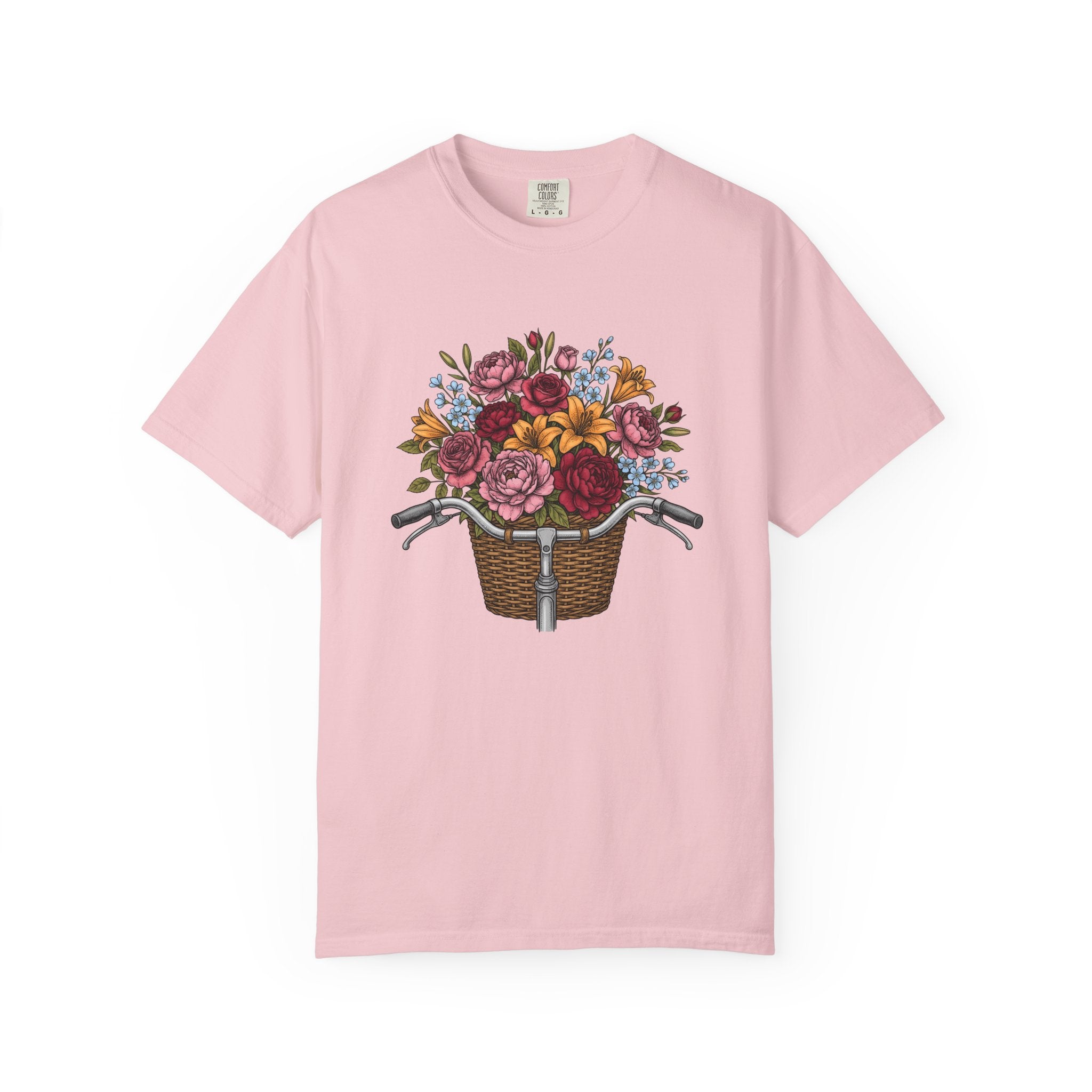 Cycle Basket Flowers Shirt Easter Petals Gift Women Floral Drawing Tee Bicycle Basket T-Shirt Spring Fan Floral Art Tshirt Floral Design