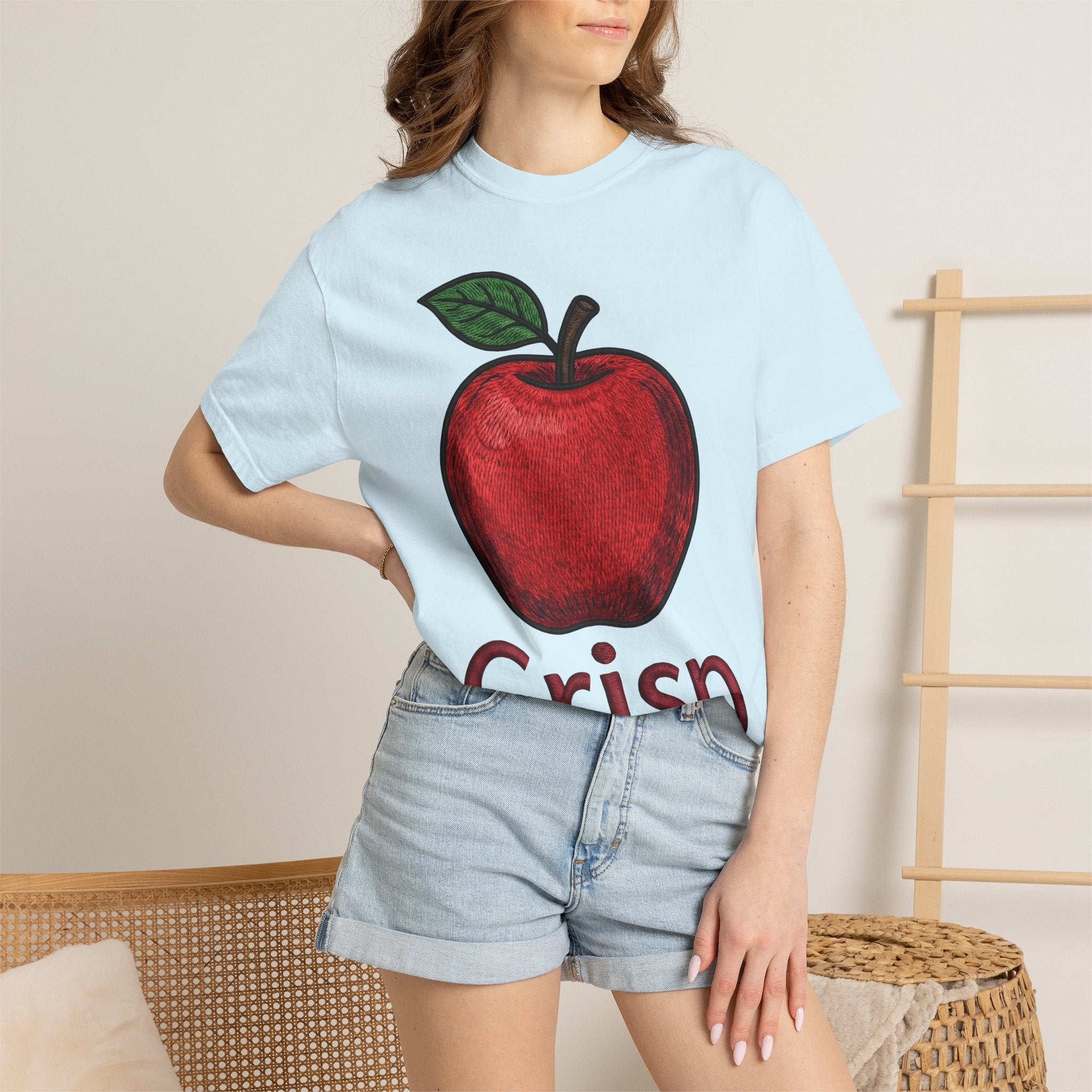 Apple Art Shirt Fruit Cooking Gift Women Sewn Tee Apple T-Shirt Fruit Fan Embroidery Design Cooking Graphic Doodle Greenery Tshirt
