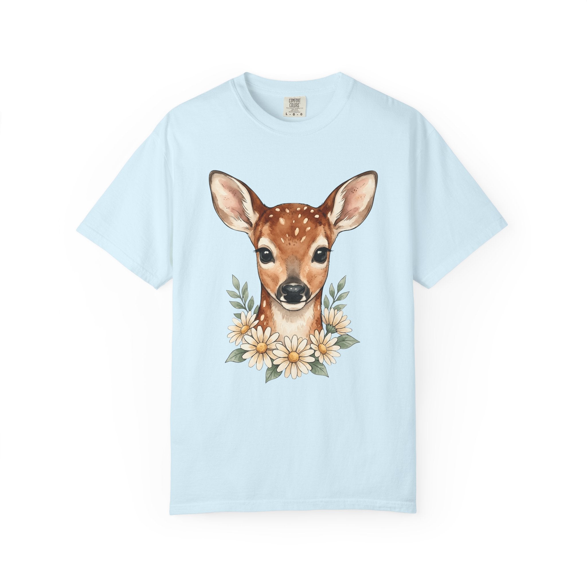 Baby Deer Shirt Easter Floral Gift Women Watercolor Tee Fawn T-Shirt Spring Fan Watercolour Tshirt Botanical Graphic Hand Drawn Daisies