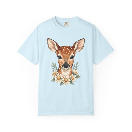 Baby Deer Shirt Easter Floral Gift Women Watercolor Tee Fawn T-Shirt Spring Fan Watercolour Tshirt Botanical Graphic Hand Drawn Daisies