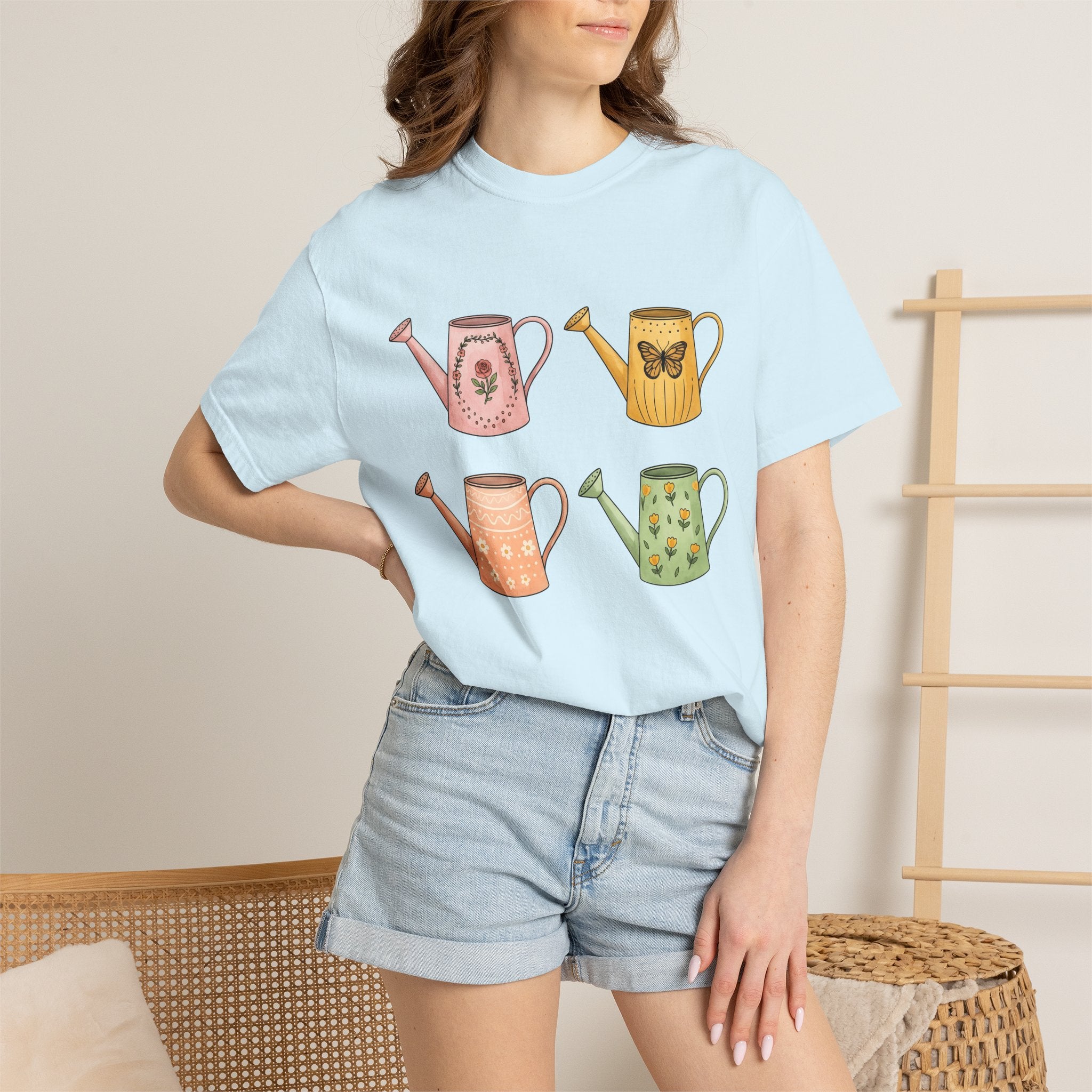 Flower Watering Cans Shirt Easter Plants Gift Women Cartoon Tee Watering Can T-Shirt Spring Fan Watercolor Tshirt Botanical Graphic Sketch