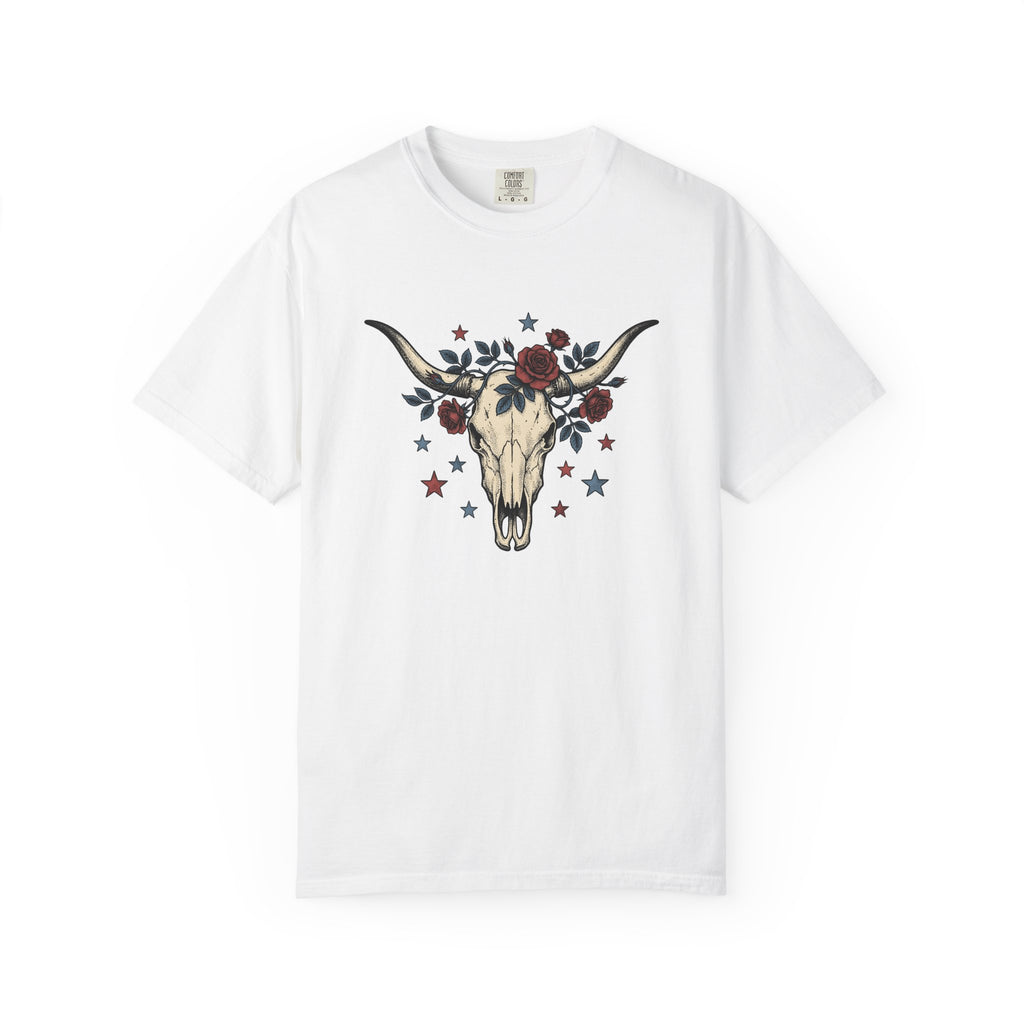 Cow Skull Shirt America Western Gift Women Tattoo Tee Bull Skull T-Shirt American Fan Ink Tshirt Rodeo Graphic Vintage Red Roses Tshirt