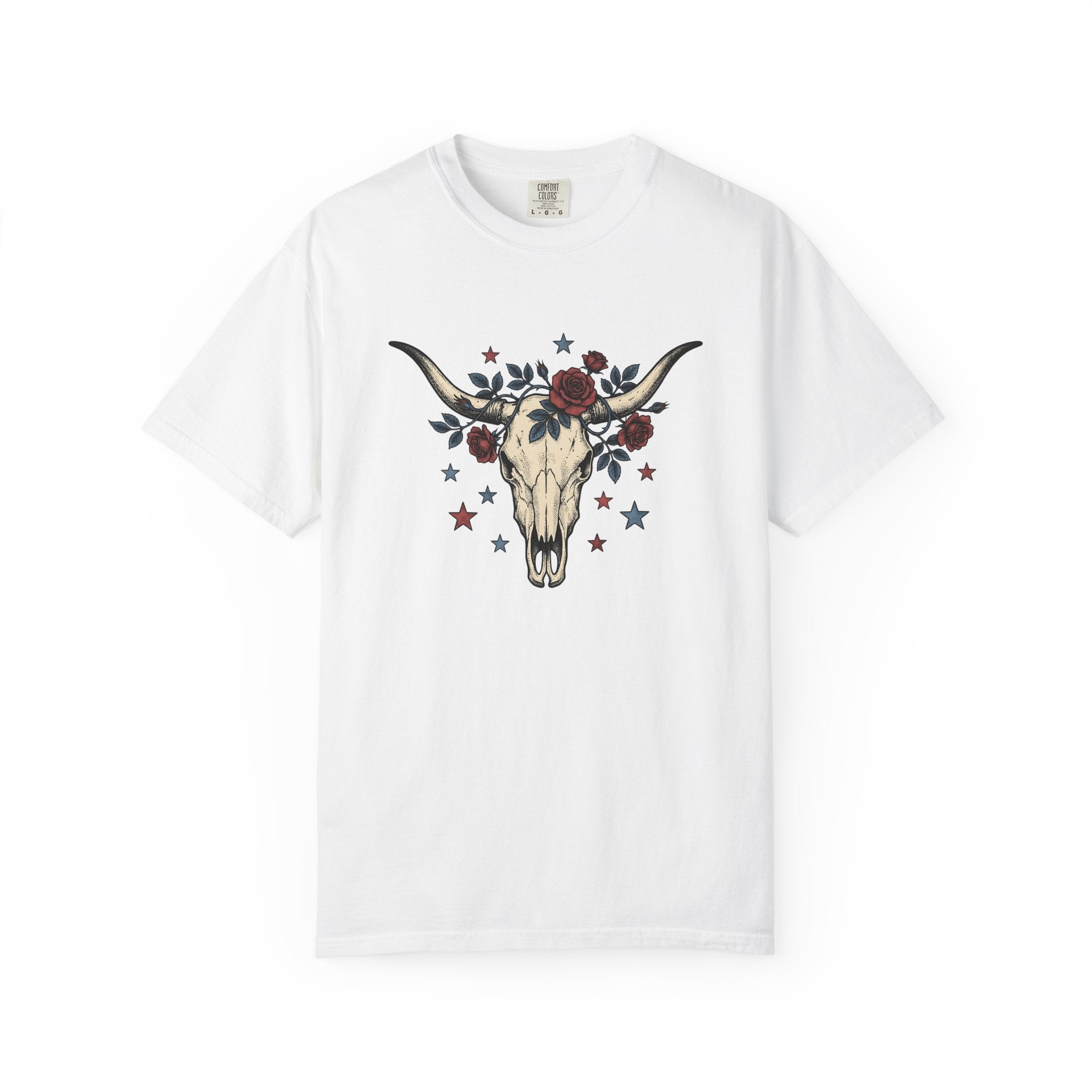 Cow Skull Shirt America Western Gift Women Tattoo Tee Bull Skull T-Shirt American Fan Ink Tshirt Rodeo Graphic Vintage Red Roses Tshirt
