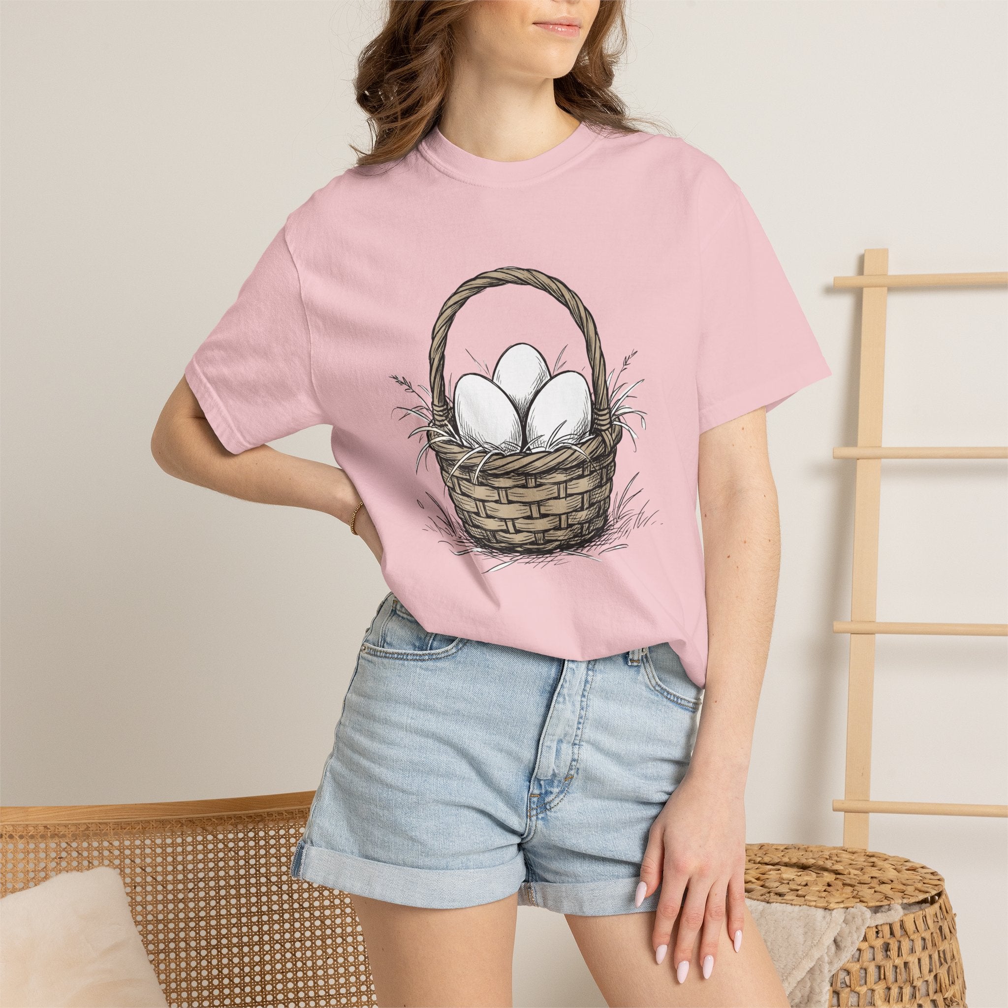Egg Basket Shirt Easter Nature Gift Women Cartoon Tee Easter Basket T-Shirt Spring Fan Easter Illustration Tshirt Minimalist Grass Tuft