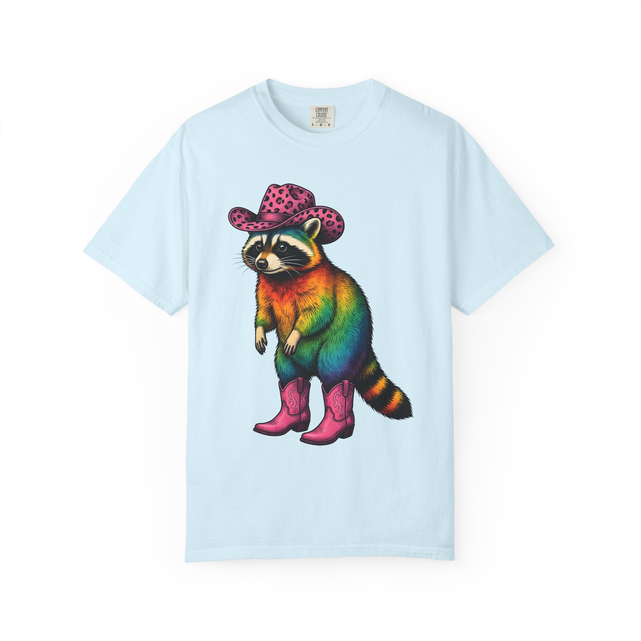 Colorful Raccoon Shirt Cowgirl Wildlife Gift Women Vibrant Graphic Tee Raccoon T-Shirt Cowgirl Fan Animal Graphic Wildlife Illustration