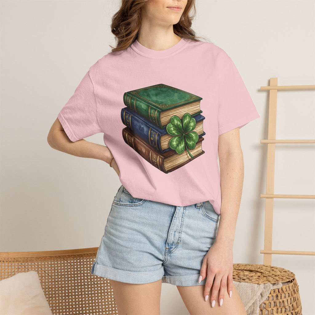 Book Stack Shirt St Patrick's Day Library Gift Women Illustration Tee Bookpile T-Shirt St Patricks Fan Book Art Tshirt Librarian Graphic
