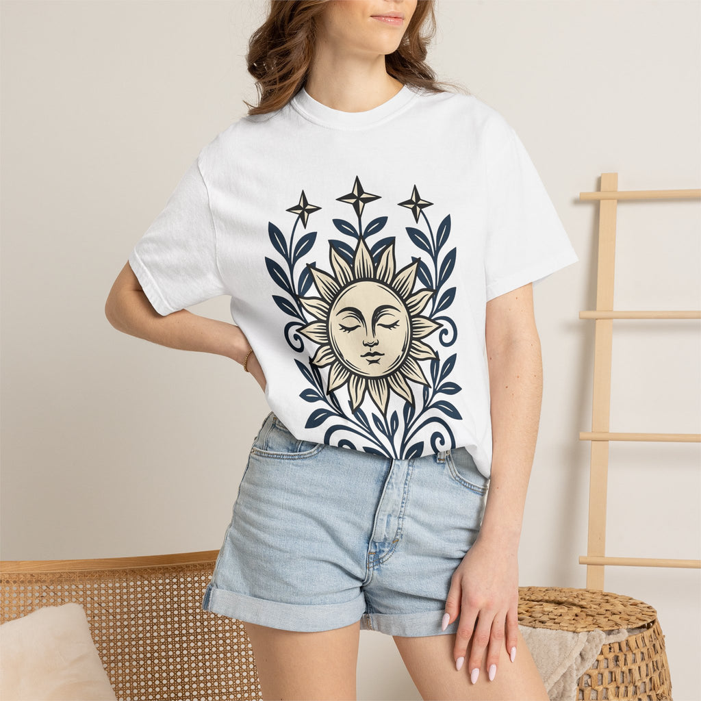 Sun Face Shirt Boho Chic Stars Gift Women Folk Tee Sun T-Shirt Bohemian Fan Tribal Tshirt Celestial Graphic Rustic Blossom Tshirt