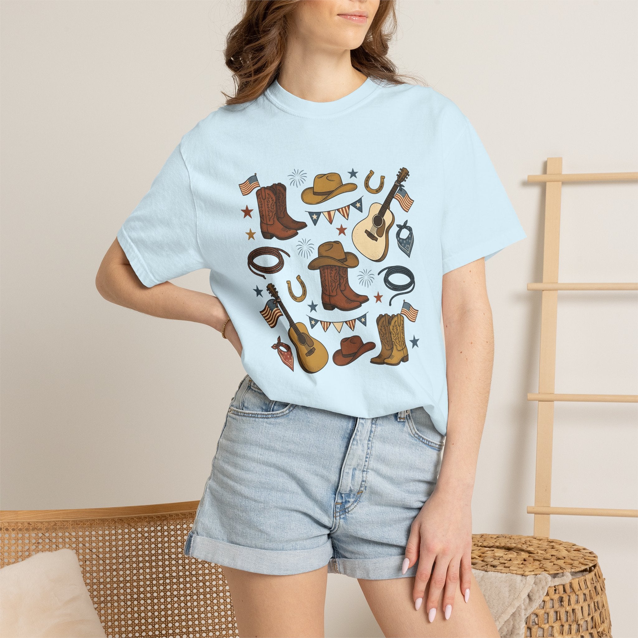 Cowboy Western Shirt America Cowboy Gift Women Antique Tee Rodeo T-Shirt American Fan Western Tshirt Cowboy Graphic Doodle Flag Design