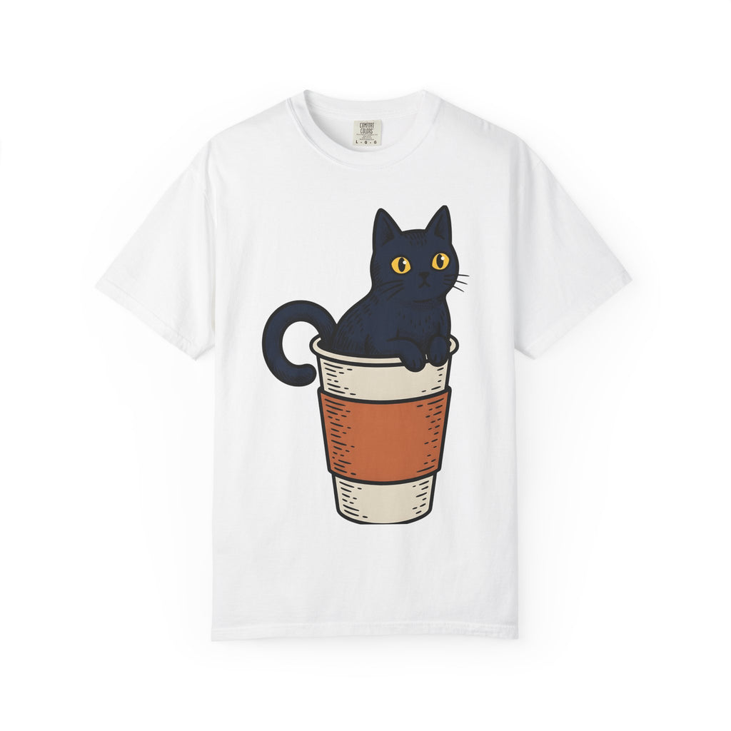 Black Cat Coffee Mug Shirt Halloween Espresso Gift Women Comic Tee Cat Mug T-Shirt Horror Fan Cartoon Tshirt Coffee Illustration Vintage