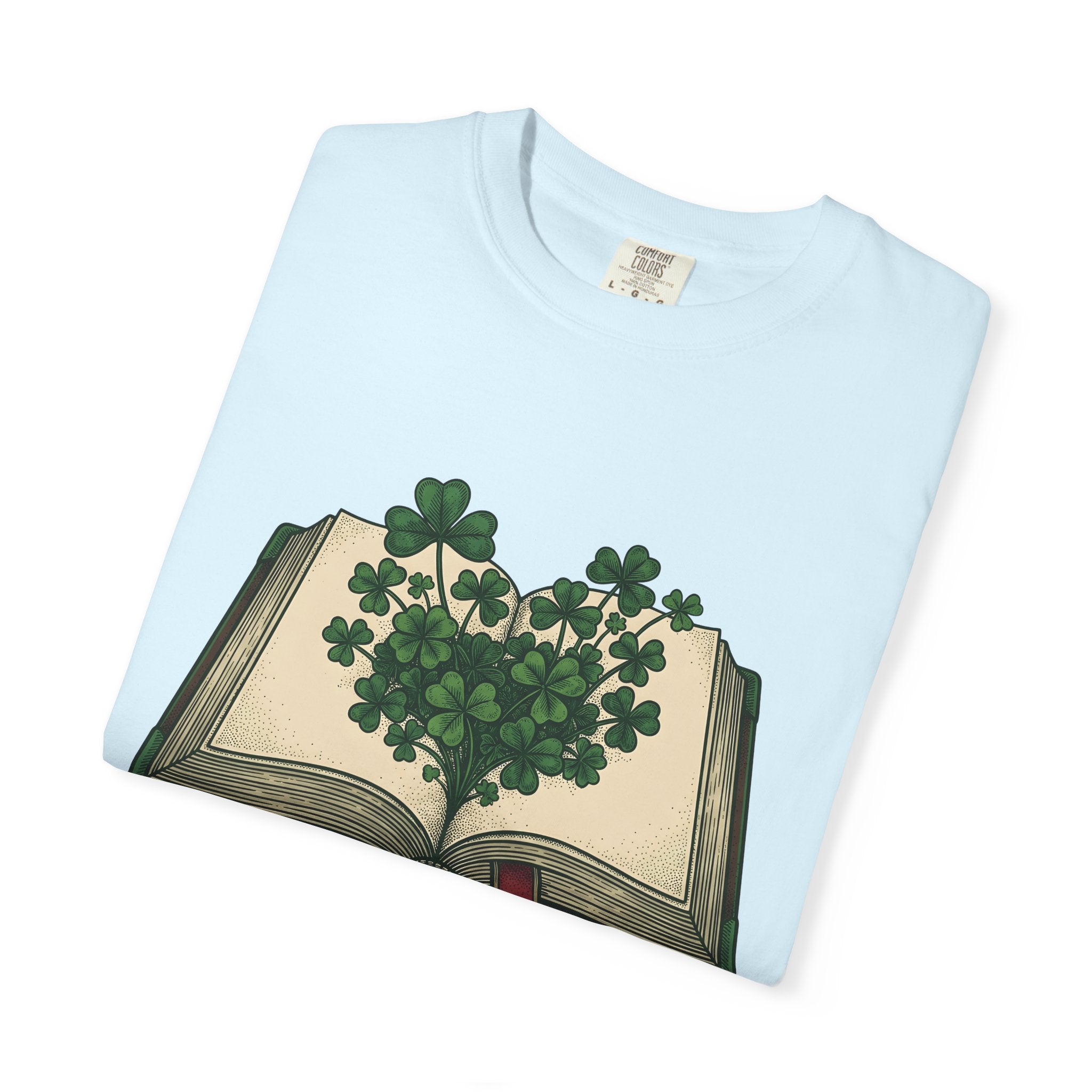Lucky Leaf Book Shirt St Patrick's Day Amulet Gift Women Hand Drawn Tee Book T-Shirt Patrick's Day Enthusiast Illustrated Graphic Tshirt