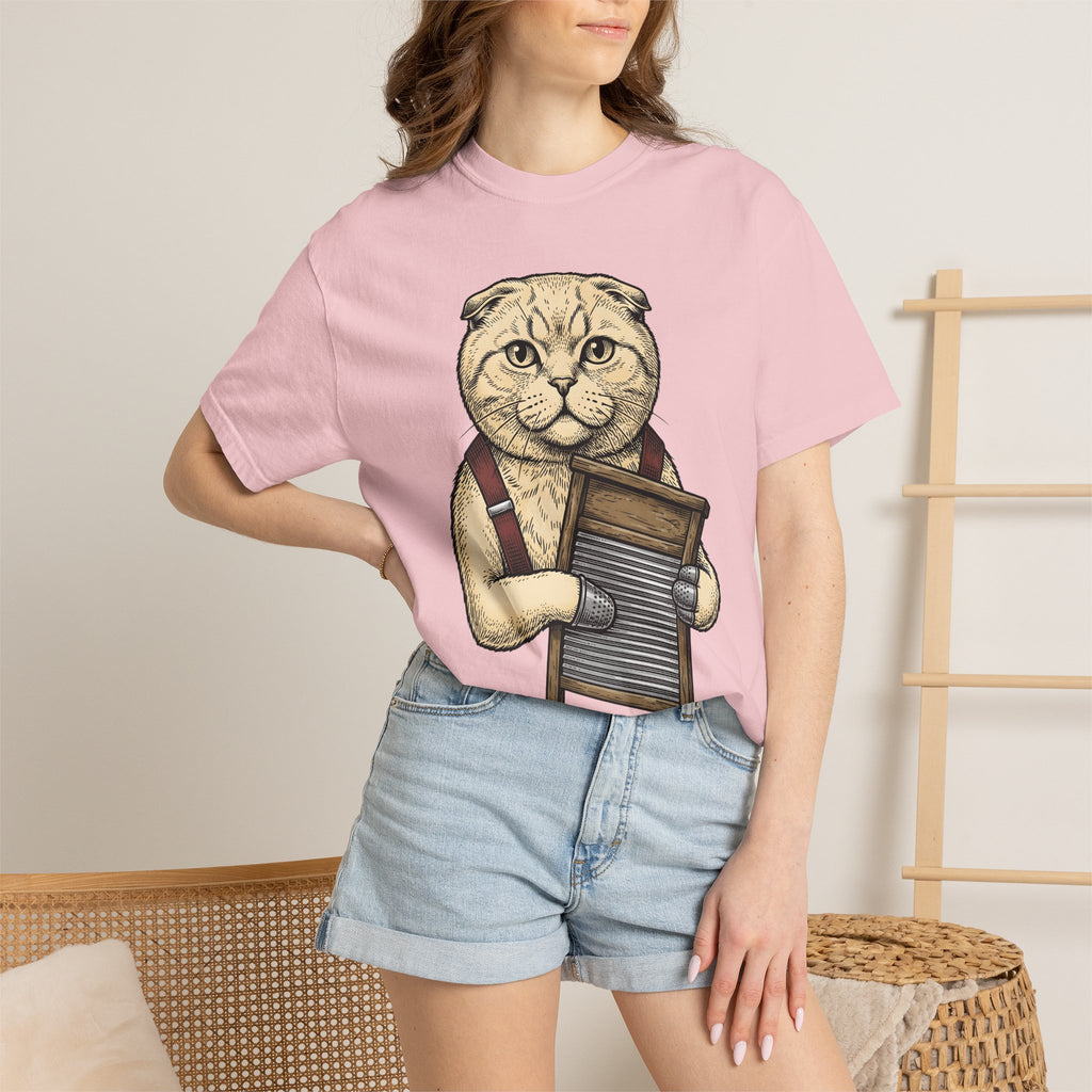 Scottish Fold Pussycat Shirt Cat Musical Items Gift Women Minimalist Tee Cat T-Shirt Cat Fan Simple Tshirt Music Graphic Outline Washboard