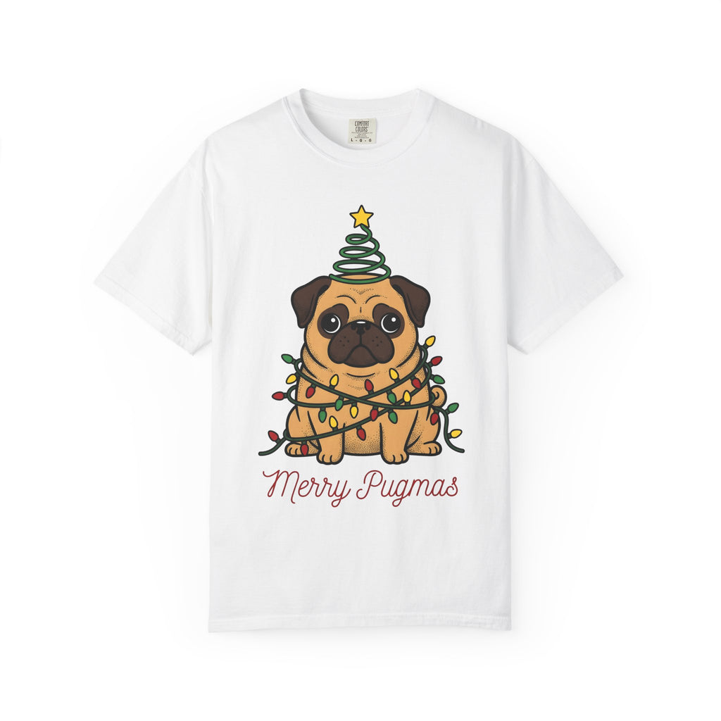 Pug Puppy Shirt Christmas Pet Gift Women Comic Tee Puppy T-Shirt Xmas Fan Cartoon Tshirt Animal Graphic Sketch Holiday Lights Tshirt