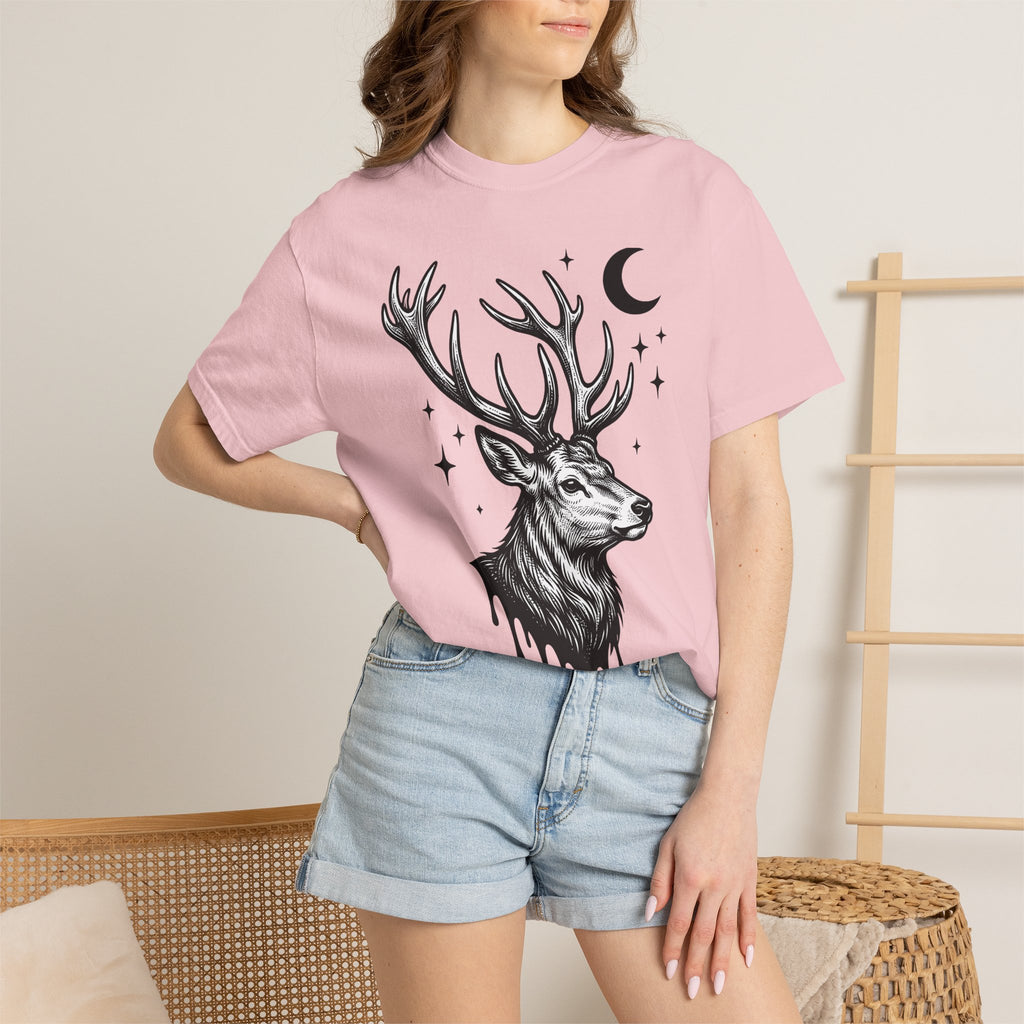 Buck Horns Shirt Boho Chic Forest Gift Women Cartoon Tee Antlers T-Shirt Bohemian Fan Tooned Tshirt Woods Graphic Sketch Moon Shape Tshirt