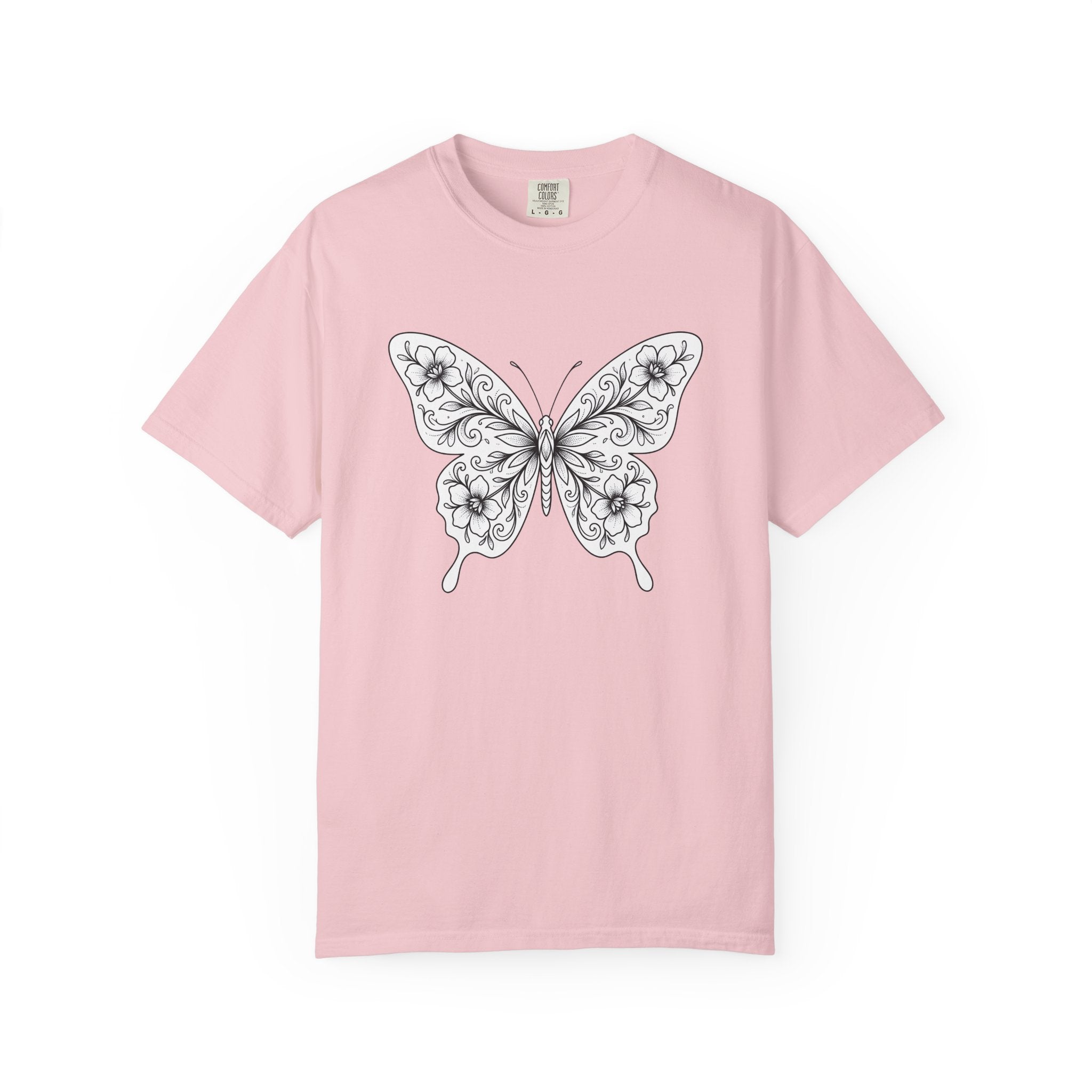 Butterfly Floral Shirt Animals & Flowers Nature Gift Women Line Art Tee Butterfly T-Shirt Wildlife Fan Hand Drawn Tshirt Outdoor Graphic