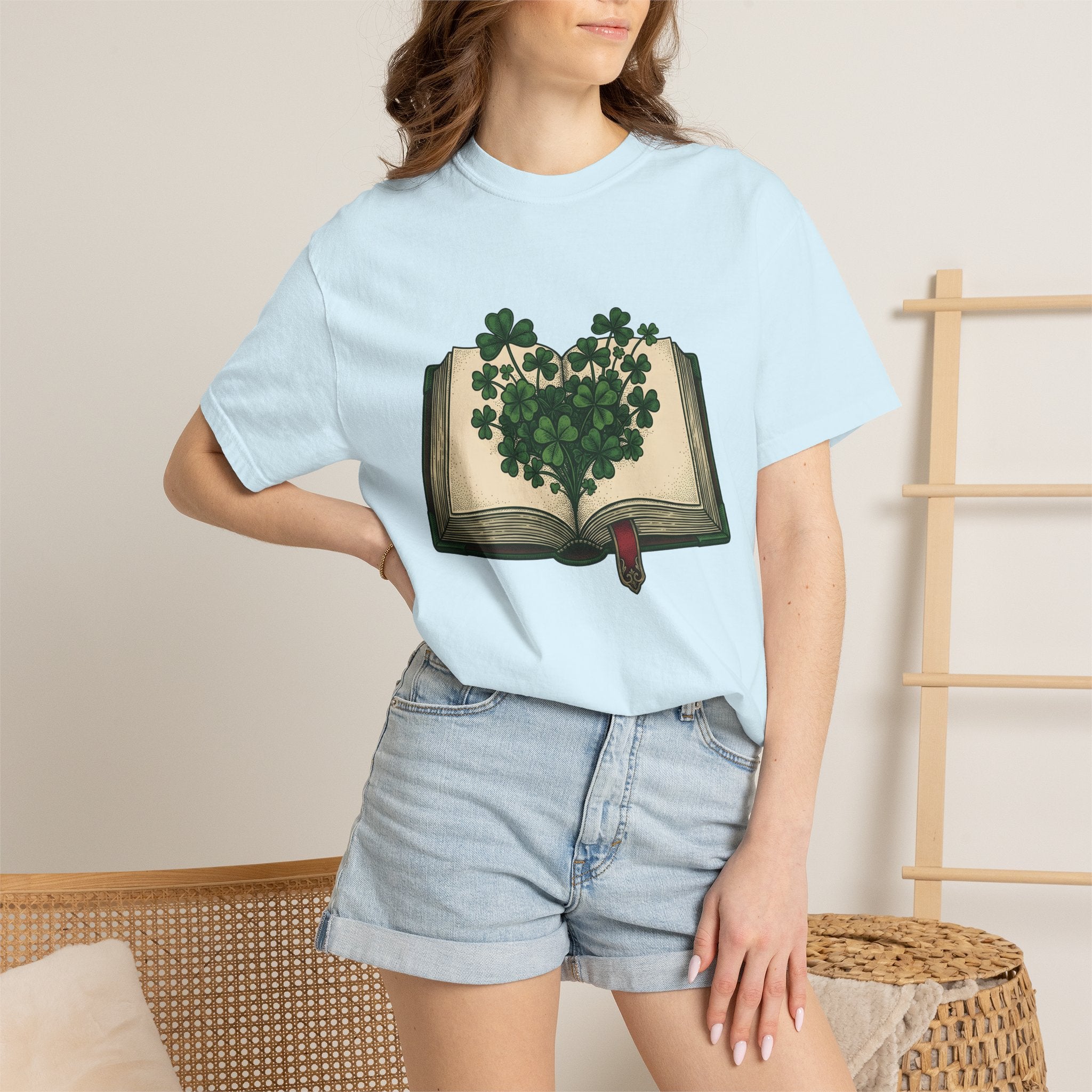 Lucky Leaf Book Shirt St Patrick's Day Amulet Gift Women Hand Drawn Tee Book T-Shirt Patrick's Day Enthusiast Illustrated Graphic Tshirt