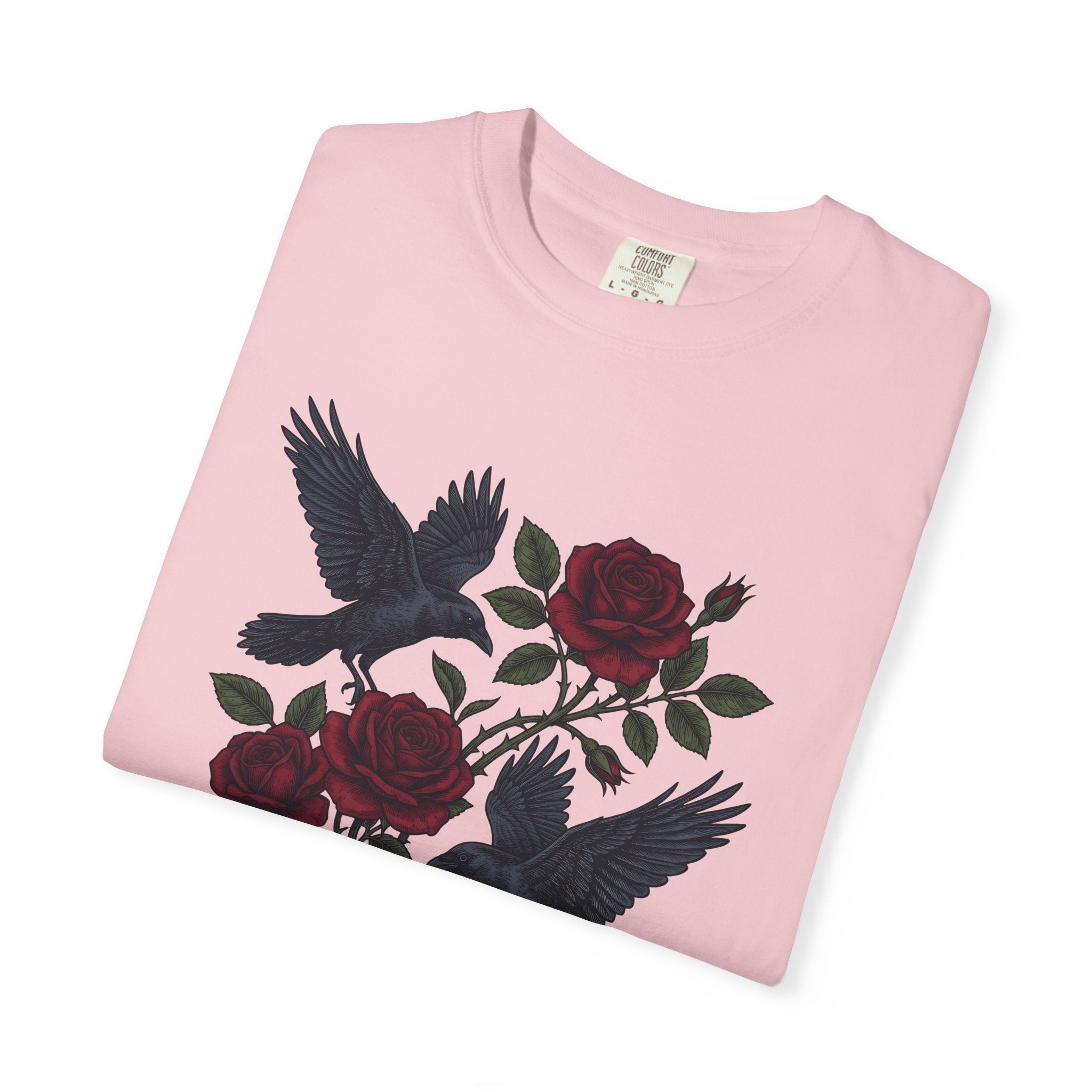 Blackbird Rose Shirt Animals & Flowers Gothic Gift Women Sketch Tee Black Rose T-Shirt Floral Fan Drawing Graphic Dark Old School Branches