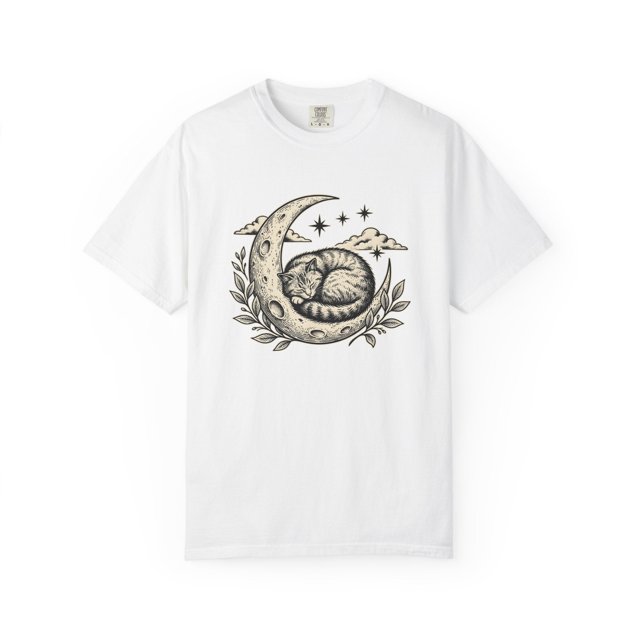 Resting Feline Shirt Cat Space Gift Women Classic Tee Cat T-Shirt Cat Fan Galaxy Graphic Tshirt Line Art Moon Shape Tshirt