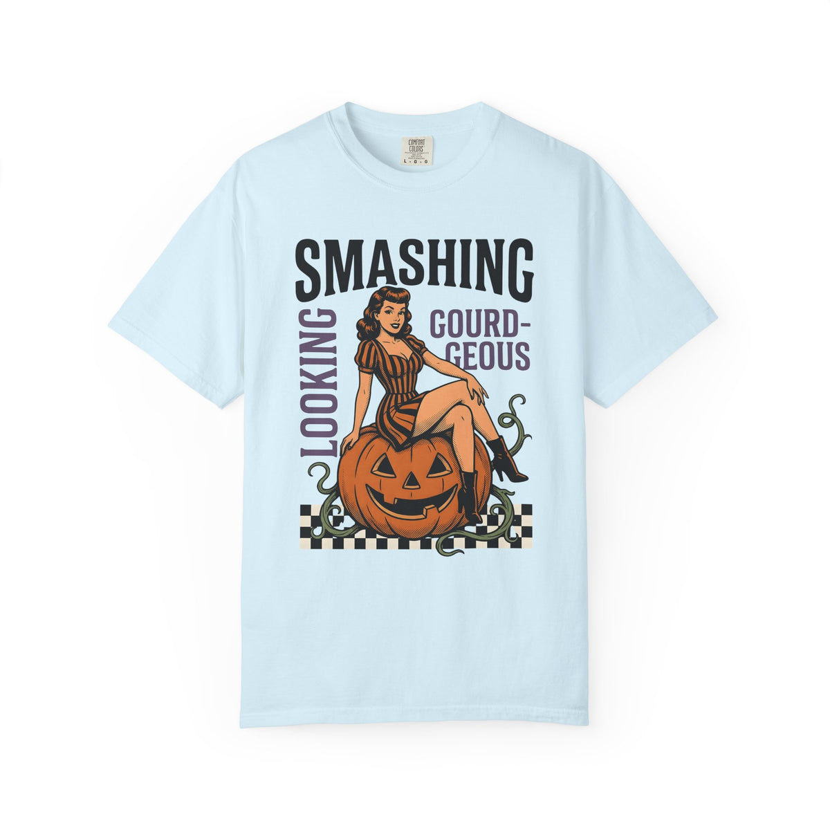 Pinup Girl Pumpkin Shirt Halloween Pinup Gift Women Vintage Tee Gourd T-Shirt Horror Fan Retro Tshirt Pinup Graphic Retro Checkerboard