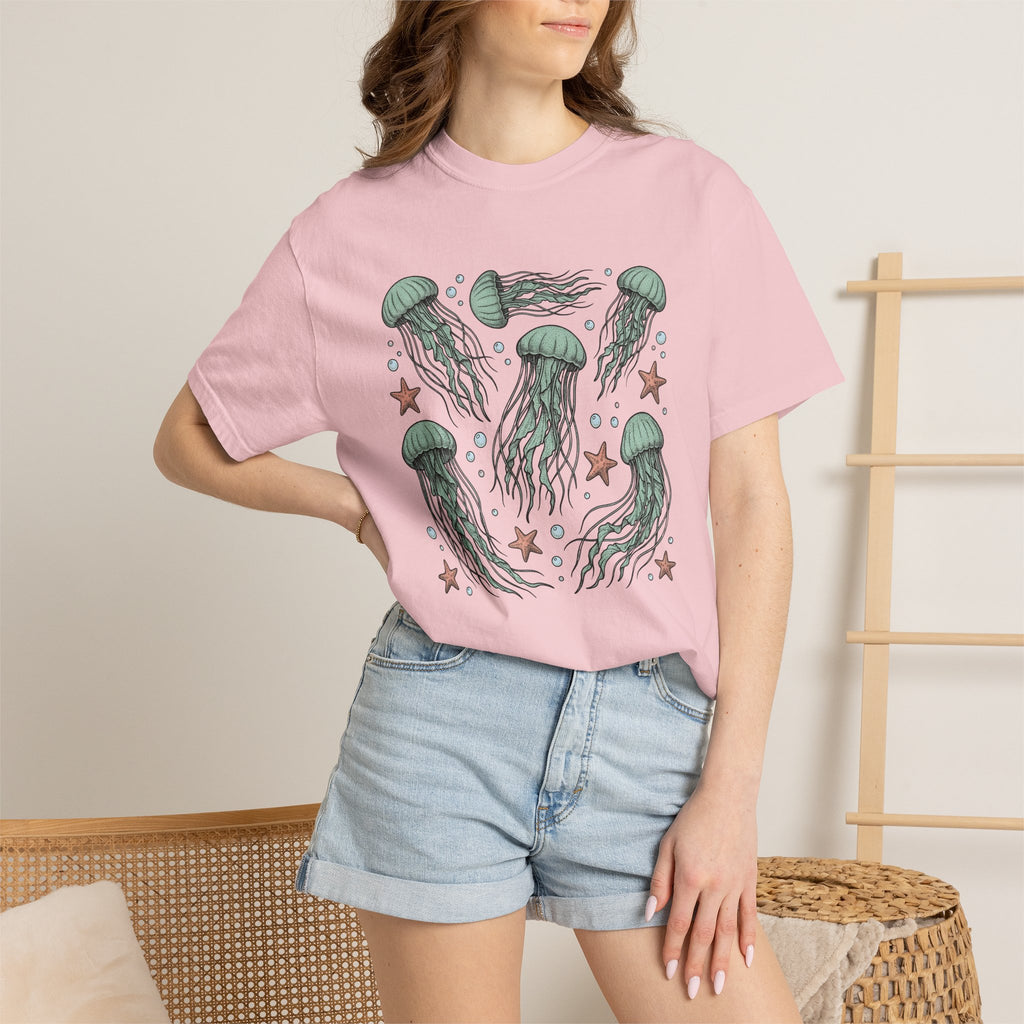 Jellyfish Motif Shirt Ocean Environment Gift Women Cartoon Tee Medusa T-Shirt Marine Fan Jelly Art Tshirt Eco Graphic Sketch Starfishes