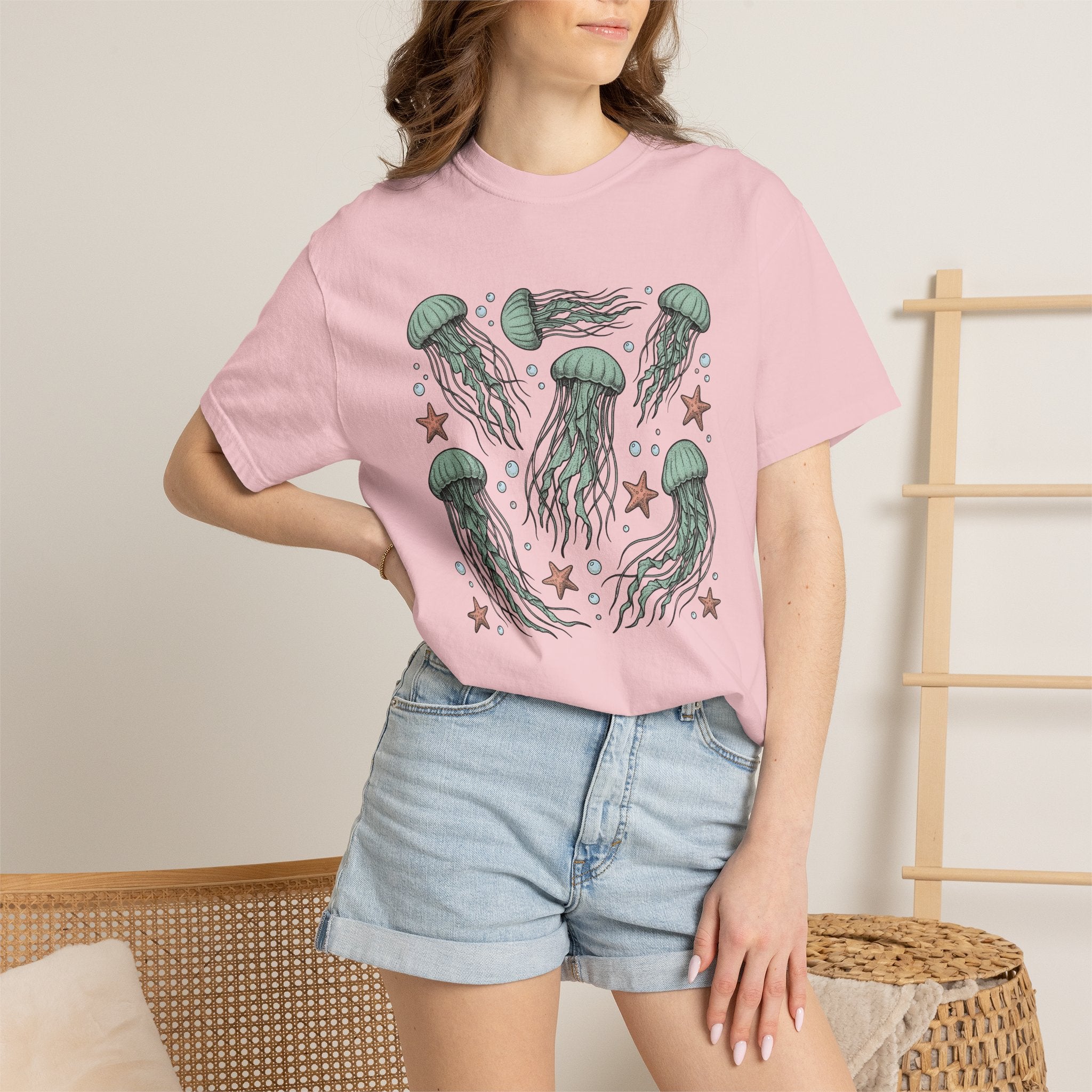 Jellyfish Motif Shirt Ocean Environment Gift Women Cartoon Tee Medusa T-Shirt Marine Fan Jelly Art Tshirt Eco Graphic Sketch Starfishes