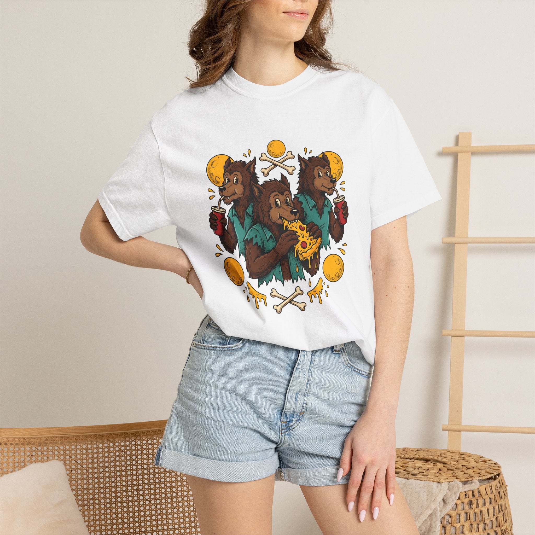 Werewolf Group Shirt Halloween Gastronomy Gift Women Animated Tee Wolf Pack T-Shirt Horror Fan Cartoon Tshirt Foodie Graphic Classic Slice