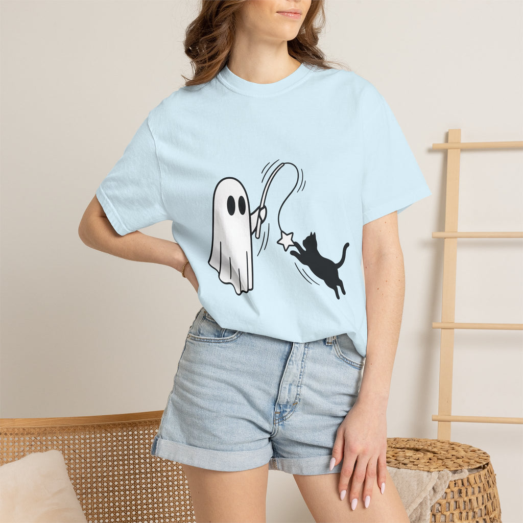 Spooky Cat Shirt Cat Holiday Gift Women Simple Tee Halloween Cat T-Shirt Cat Fan Black Cat Tshirt Holiday Graphic Comic Magic Stick Tshirt