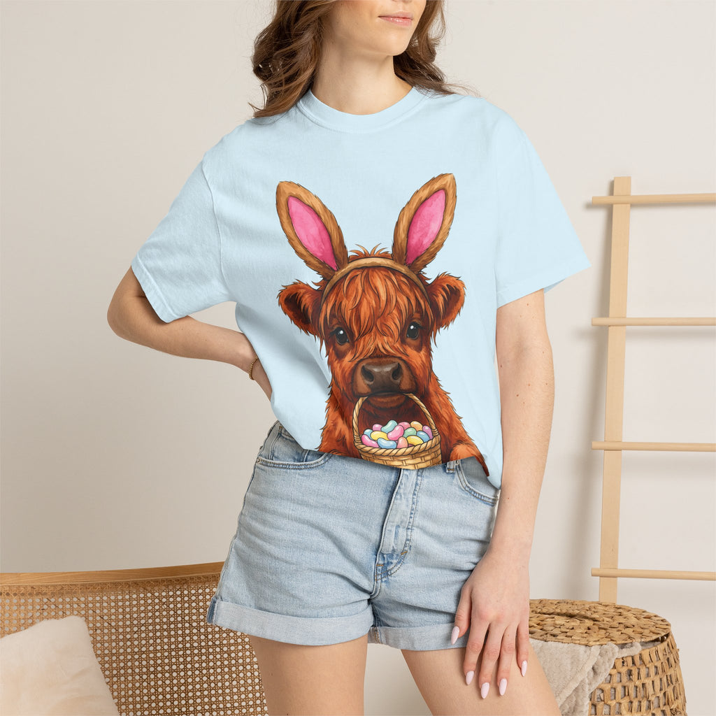 Highland Cow Shirt Easter Animal Gift Women Cute Tee Cow T-Shirt Easter Fan Cowboy Tshirt Creature Graphic Watercolor Bunny Ears Tshirt