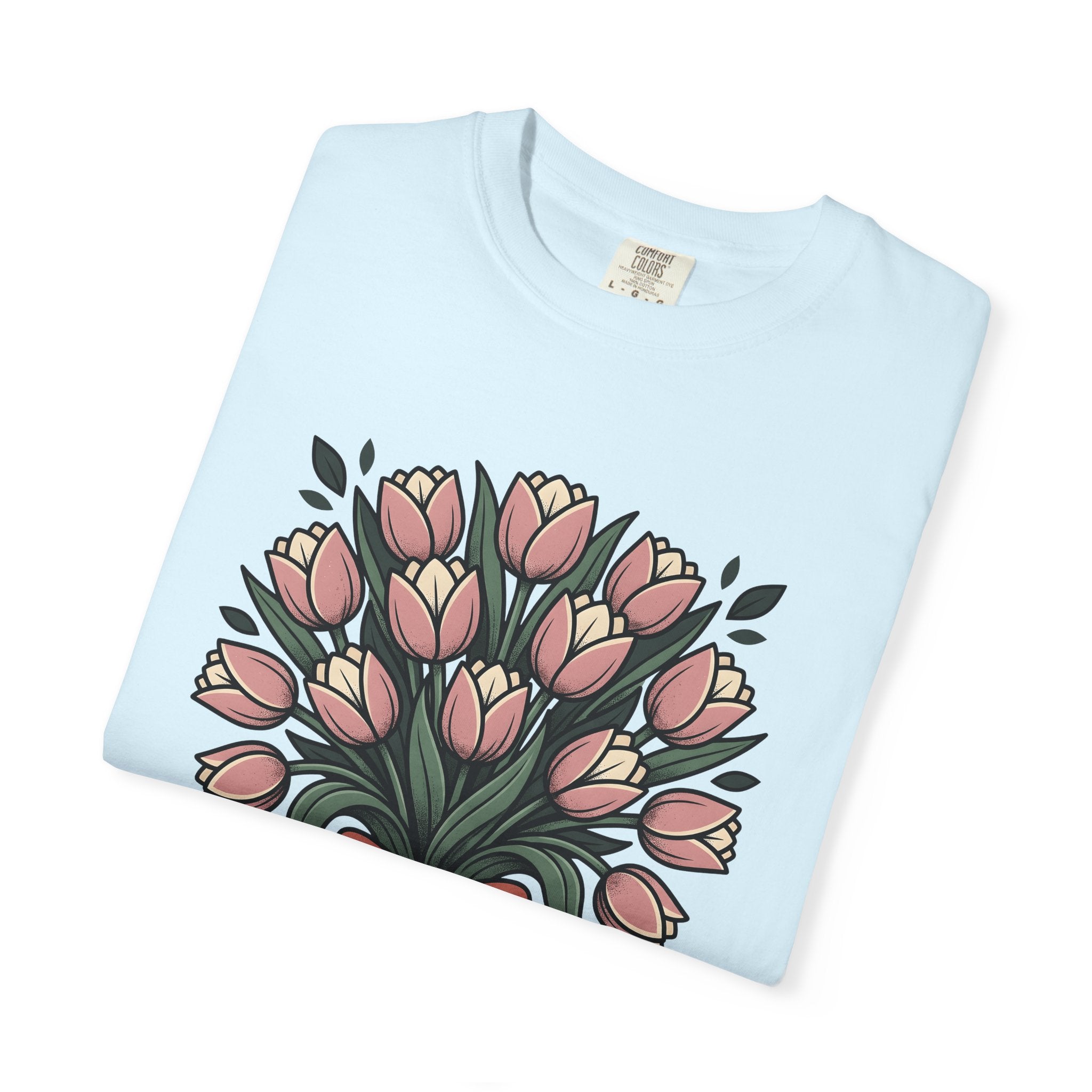 Tulip Flowers Shirt Easter Garden Gift Women Folk Tee Tulips T-Shirt Easter Fan Primitive Tshirt Yard Graphic Rustic Tie Tshirt
