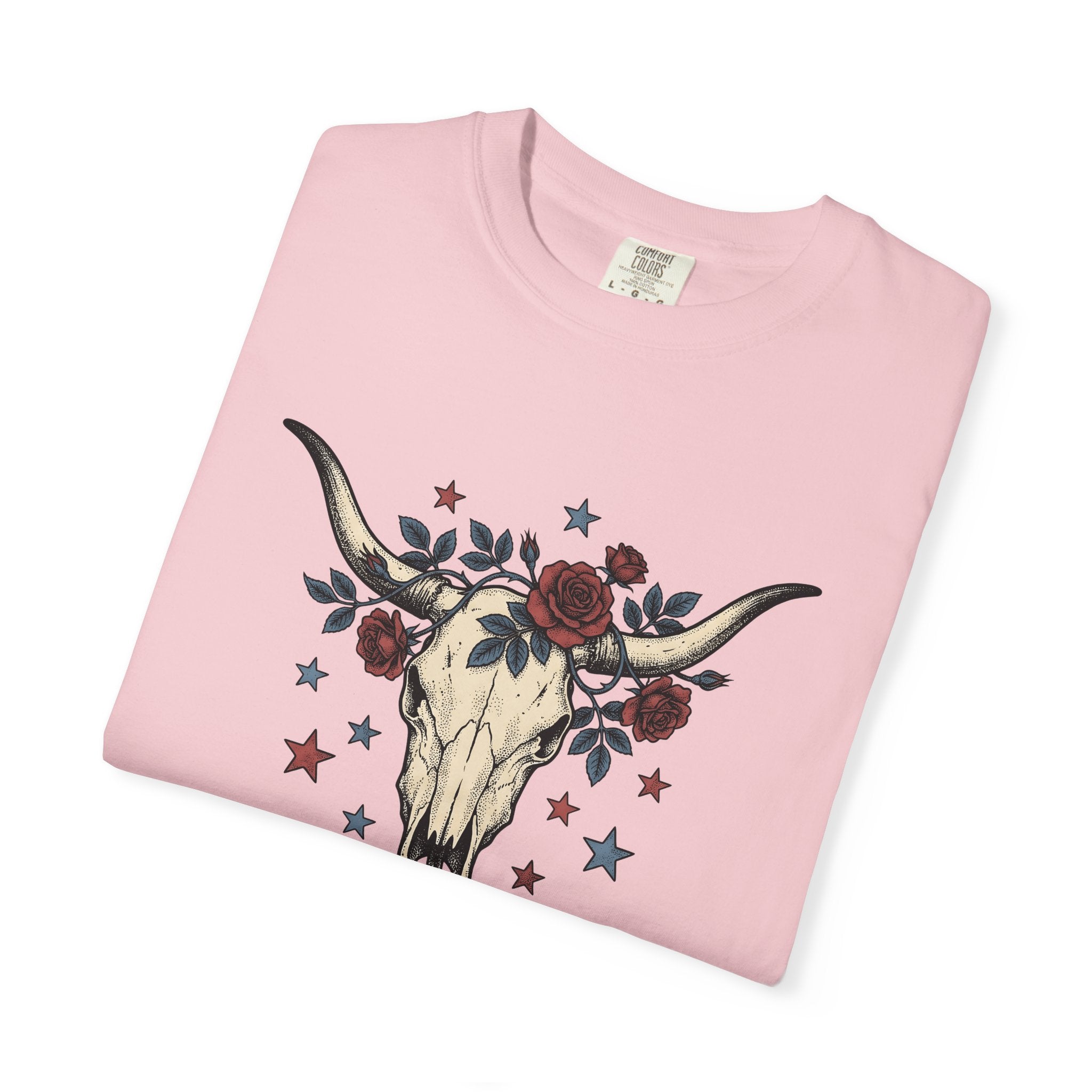 Cow Skull Shirt America Western Gift Women Tattoo Tee Bull Skull T-Shirt American Fan Ink Tshirt Rodeo Graphic Vintage Red Roses Tshirt