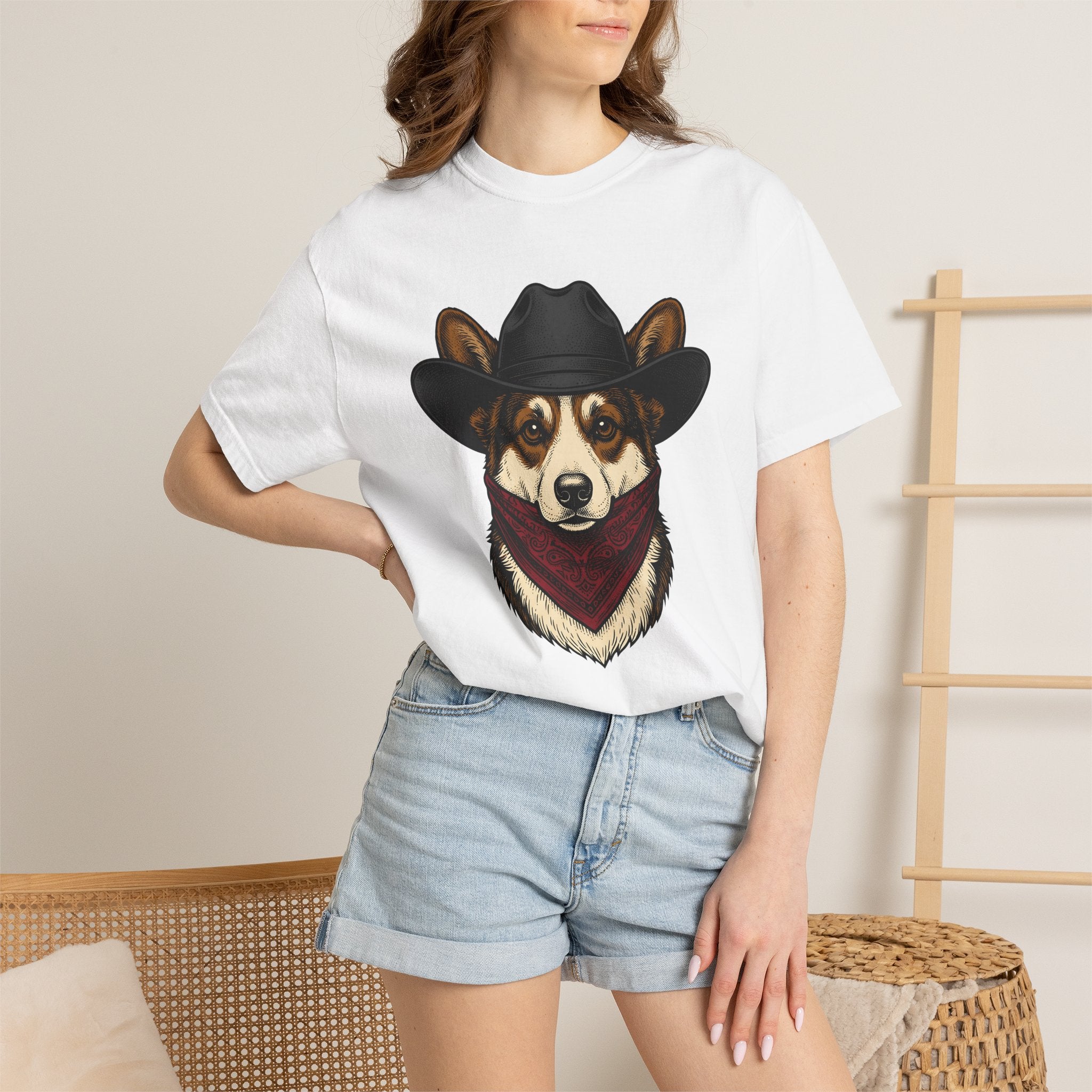 Corgi Cowboy Shirt Dog Western Gift Women Detailed Tee Pembroke Welsh Corgi T-Shirt Dog Fan Realistic Tshirt Rodeo Graphic Vintage Bandana