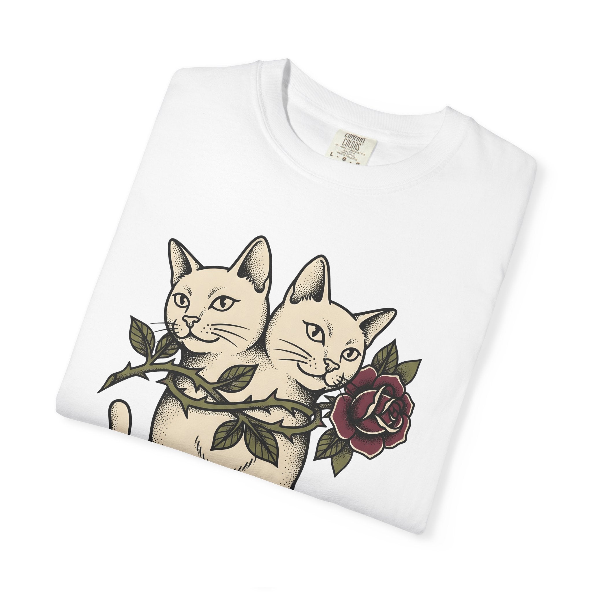 Dual-Headed Feline Shirt Cat Flower Art Gift Women Illustrative Tattoo Tee Cat T-Shirt Cat Fan Tattooed Tshirt Floral Graphic Old School
