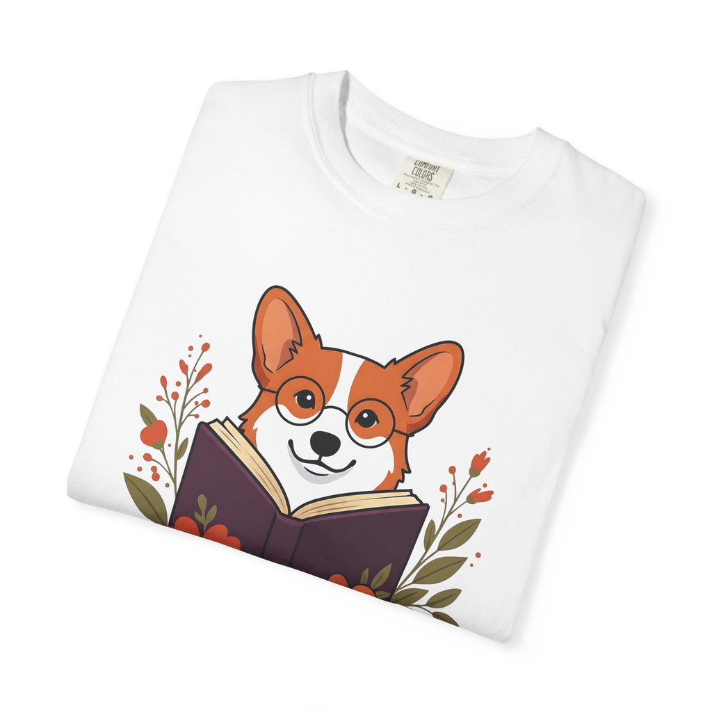 Corgi Pet Book Shirt Dog Literature Gift Women Illustration Tee Bookworm T-Shirt Dog Fan Artistic Tshirt Bibliophile Graphic Doodle Blossoms