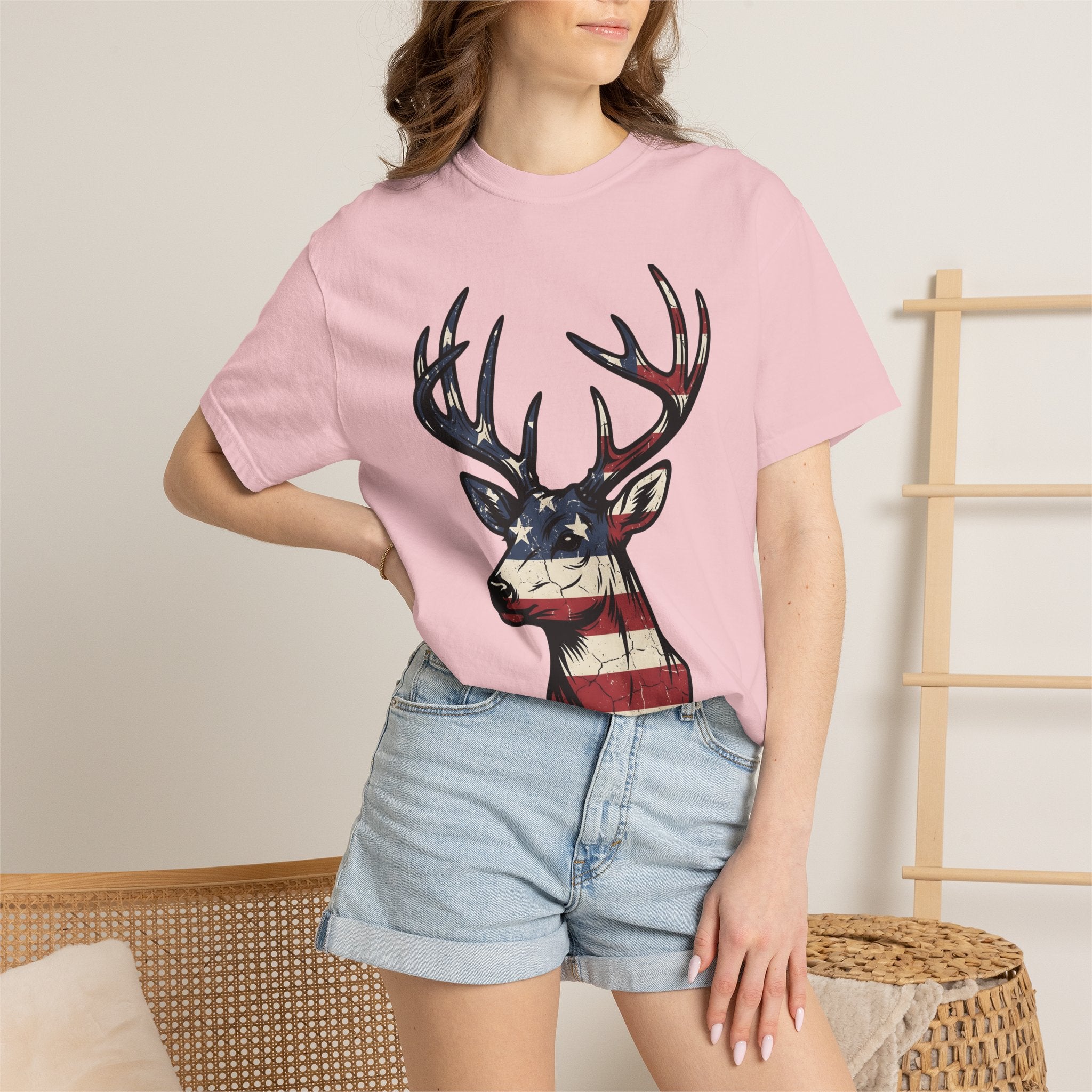Deer Head Shirt America Outdoors Gift Women Patriotic Tee Buck T-Shirt American Enthusiast Star Spangled Tshirt Wilderness Graphic Vintage