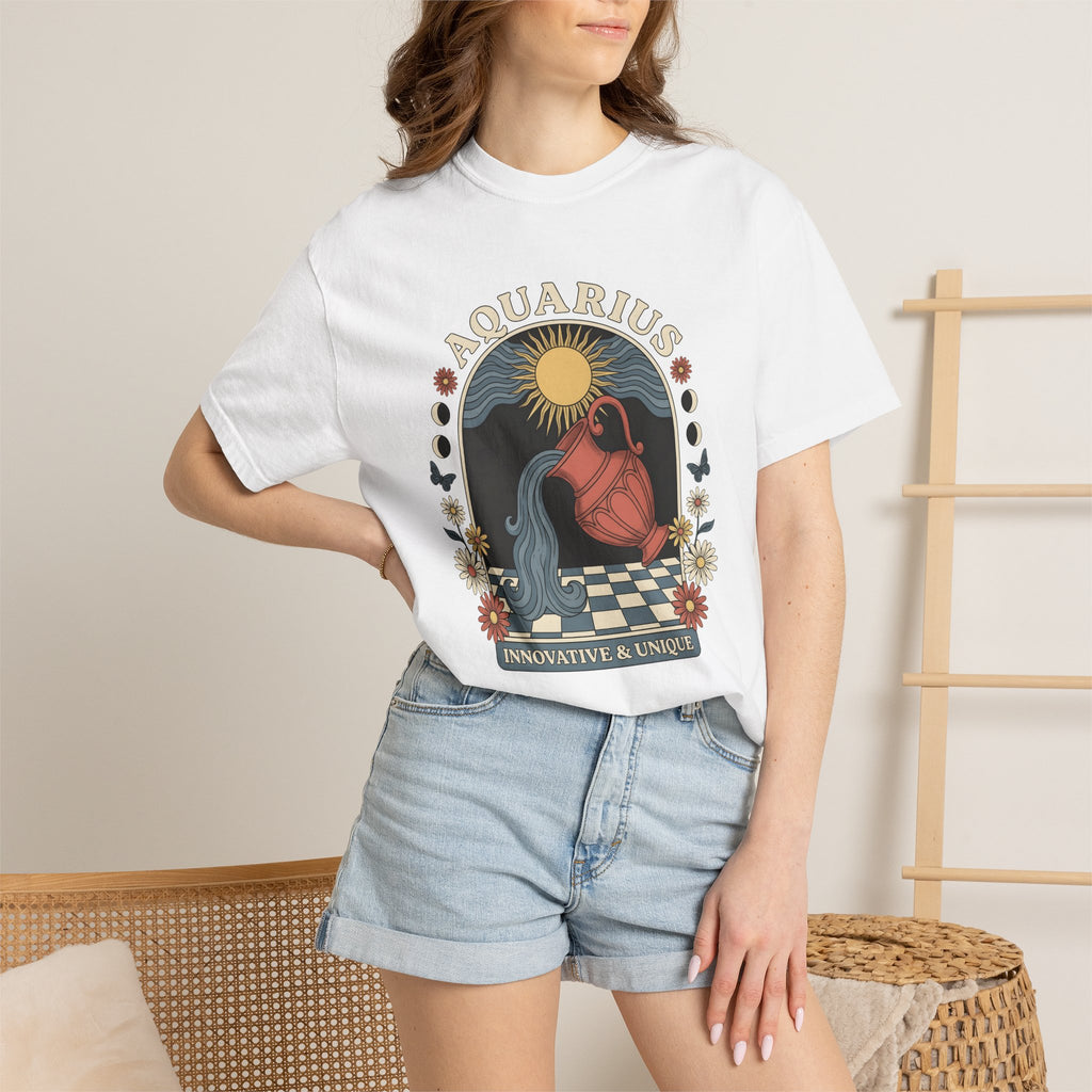 Aquarius Symbol Shirt Boho Chic Star Sign Gift Women Line Art Tee Water Bearer T-Shirt Bohemian Fan Minimalist Tshirt Zodiac Graphic Cartoon