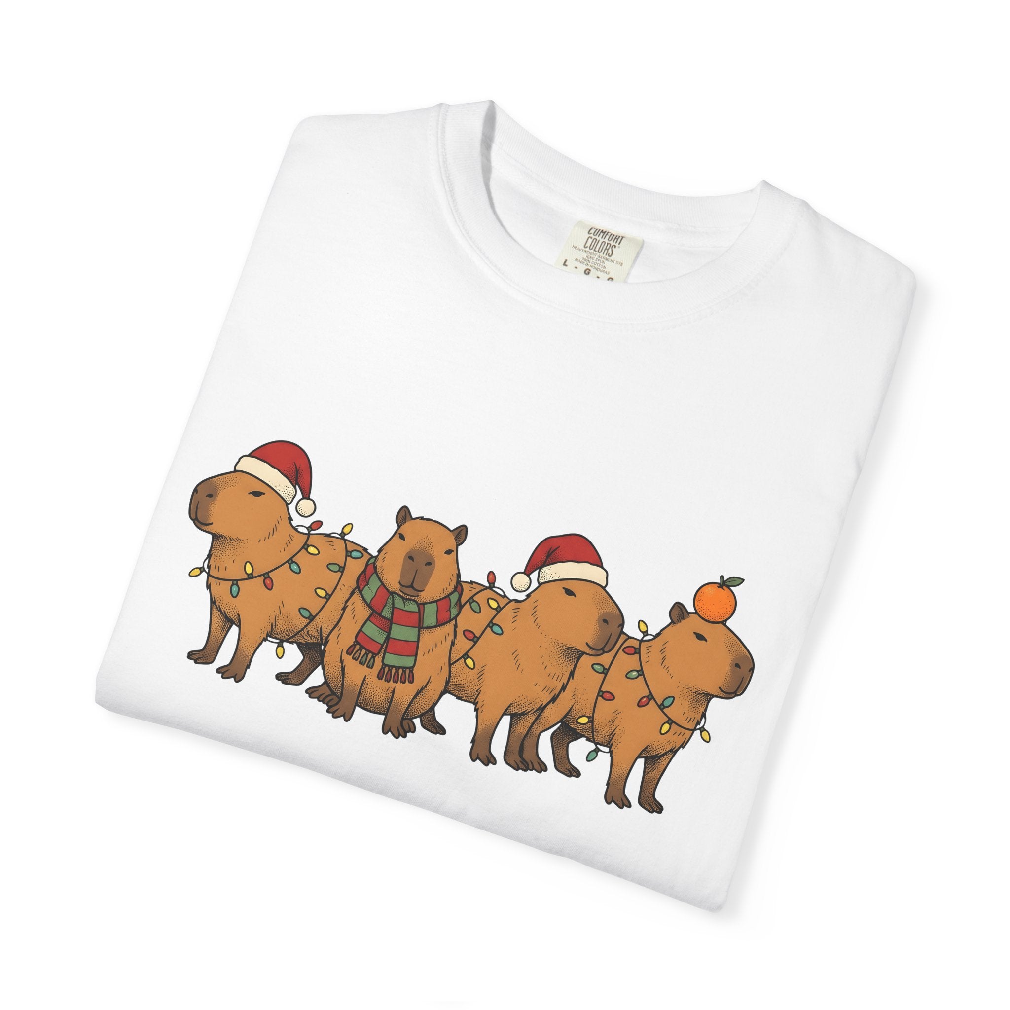 Capybara Herd Shirt Christmas Creatures Gift Women Illustration Tee Rodent T-Shirt Xmas Fan Drawing Graphic Line Art Led Lights Tshirt