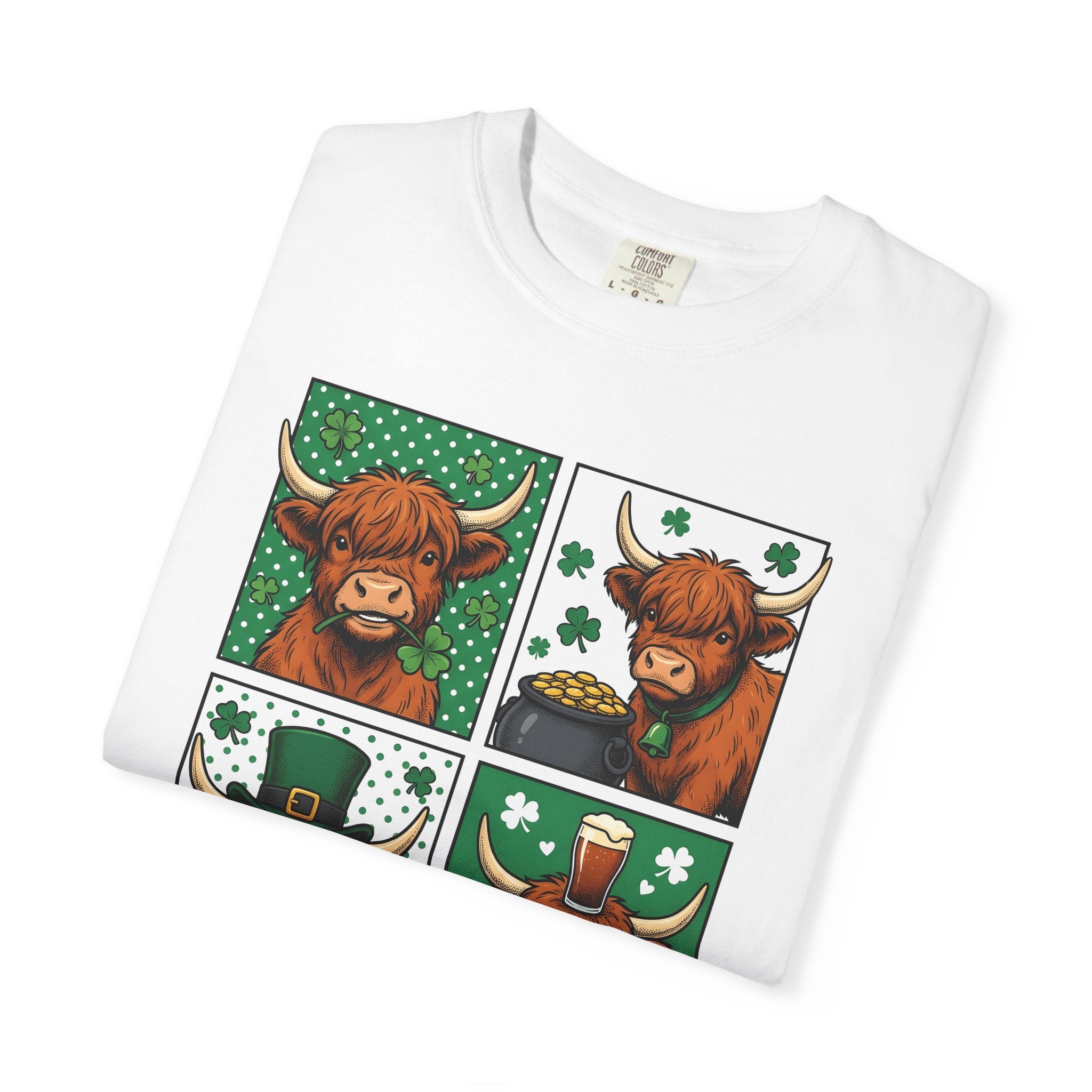Highland Cow Shirt St Patrick's Day Animal Gift Women Cartoon Tee Cow T-Shirt St Patricks Fan Toon Tshirt Creature Graphic Vintage Shamrock